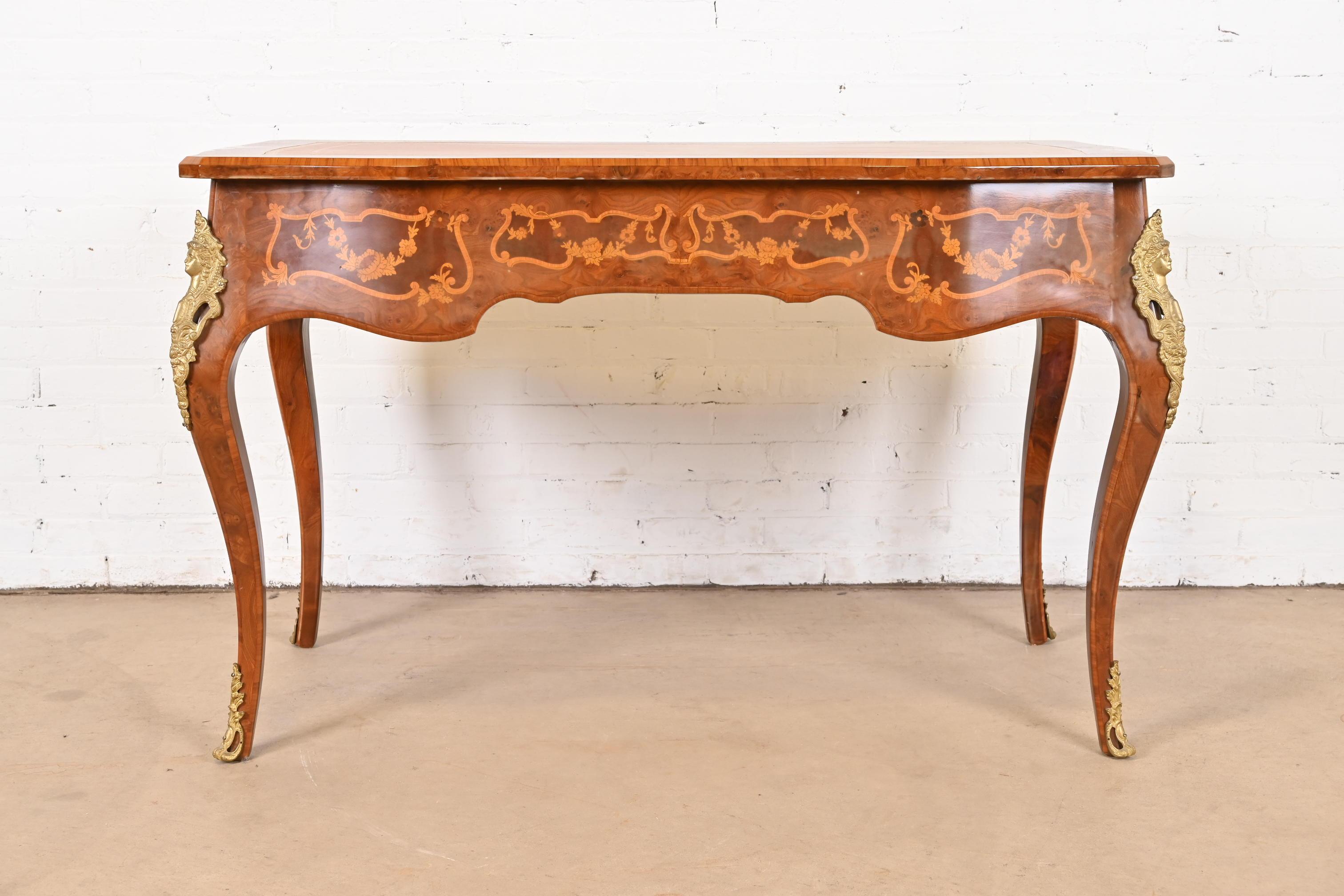 Italian Louis XV Burl Wood Leather Top Bureau Plat Desk With Bronze Ormolu 13