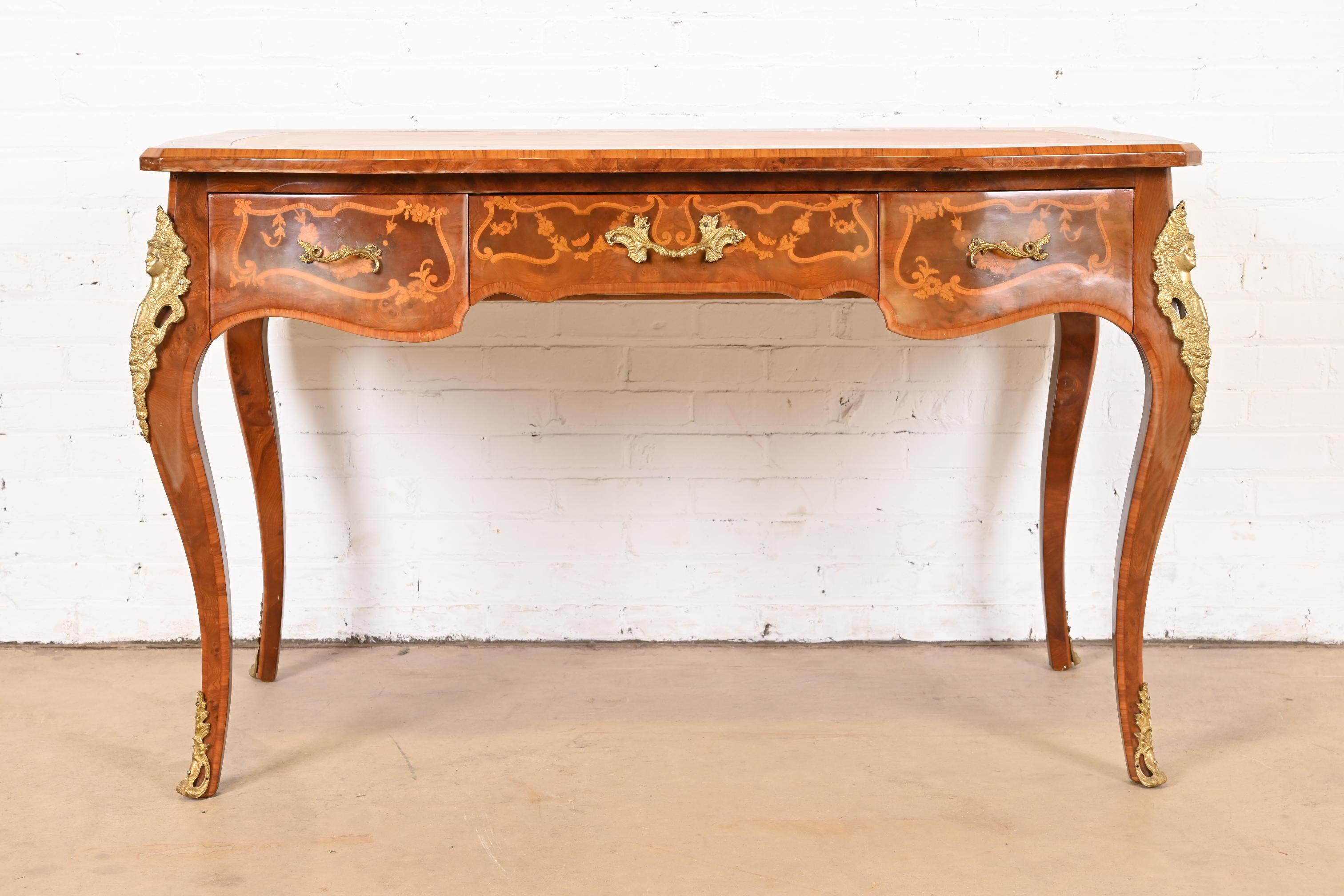 Italian Louis XV Burl Wood Leather Top Bureau Plat Desk With Bronze Ormolu In Good Condition In South Bend, IN