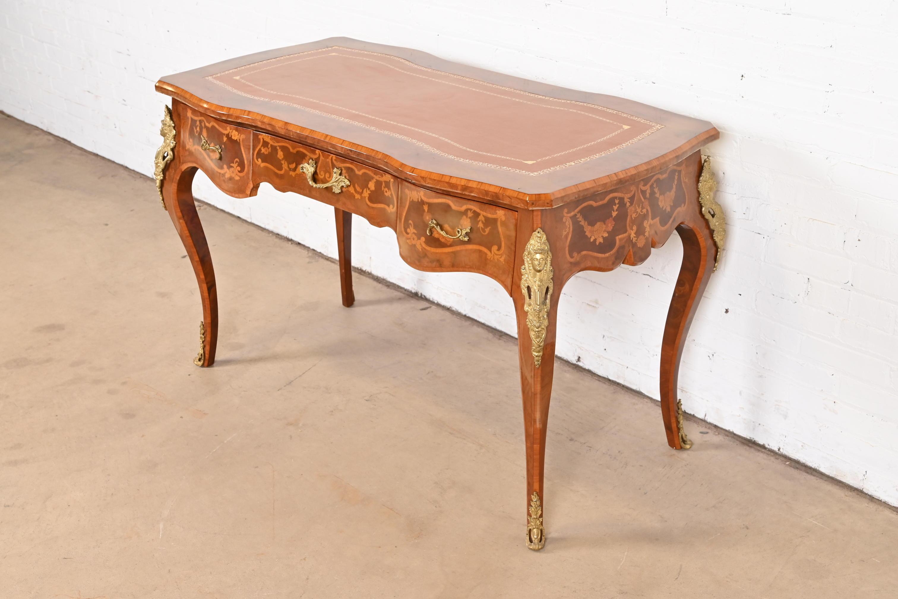 Mid-20th Century Italian Louis XV Burl Wood Leather Top Bureau Plat Desk With Bronze Ormolu
