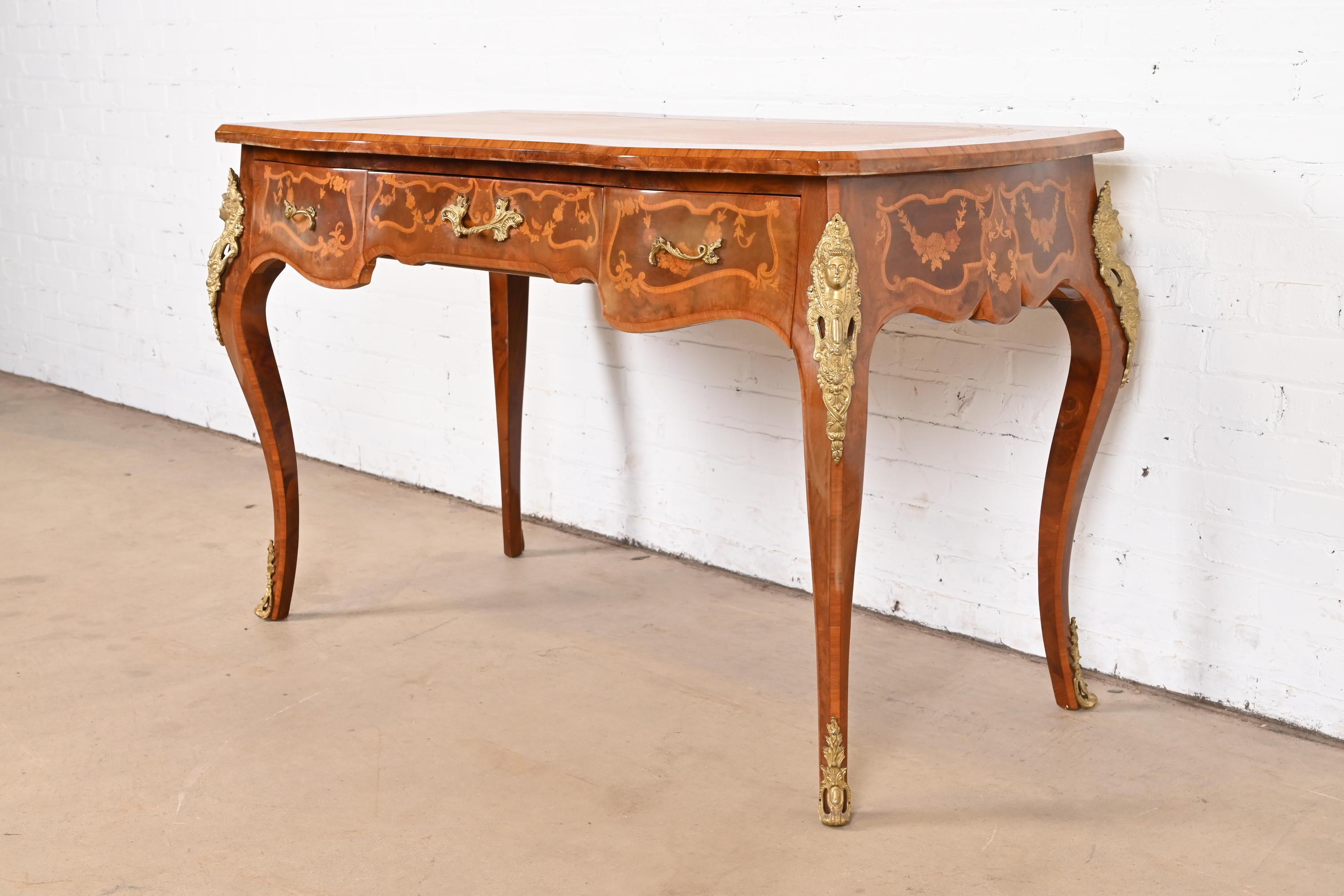 Italian Louis XV Burl Wood Leather Top Bureau Plat Desk With Bronze Ormolu 1