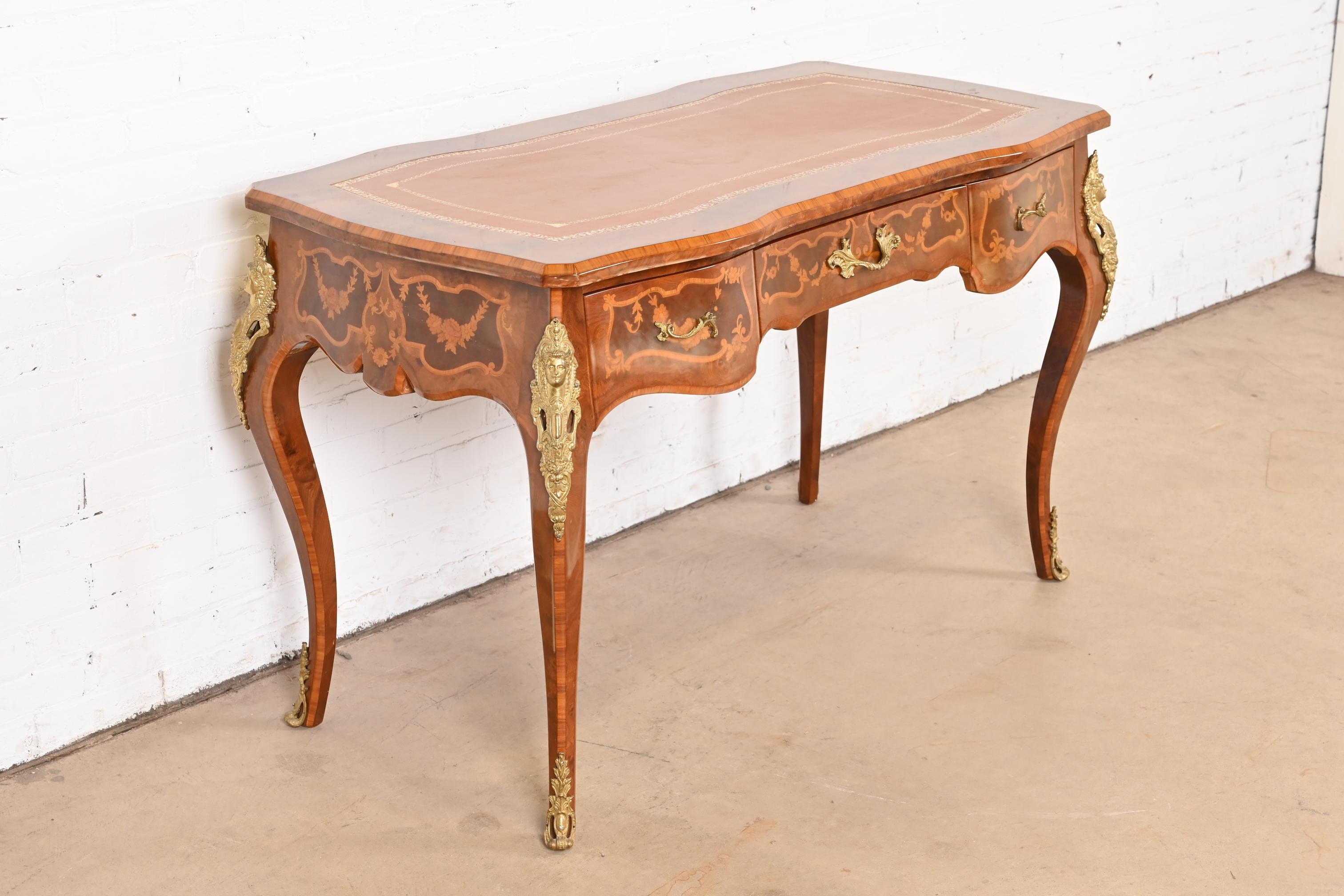 Italian Louis XV Burl Wood Leather Top Bureau Plat Desk With Bronze Ormolu 2