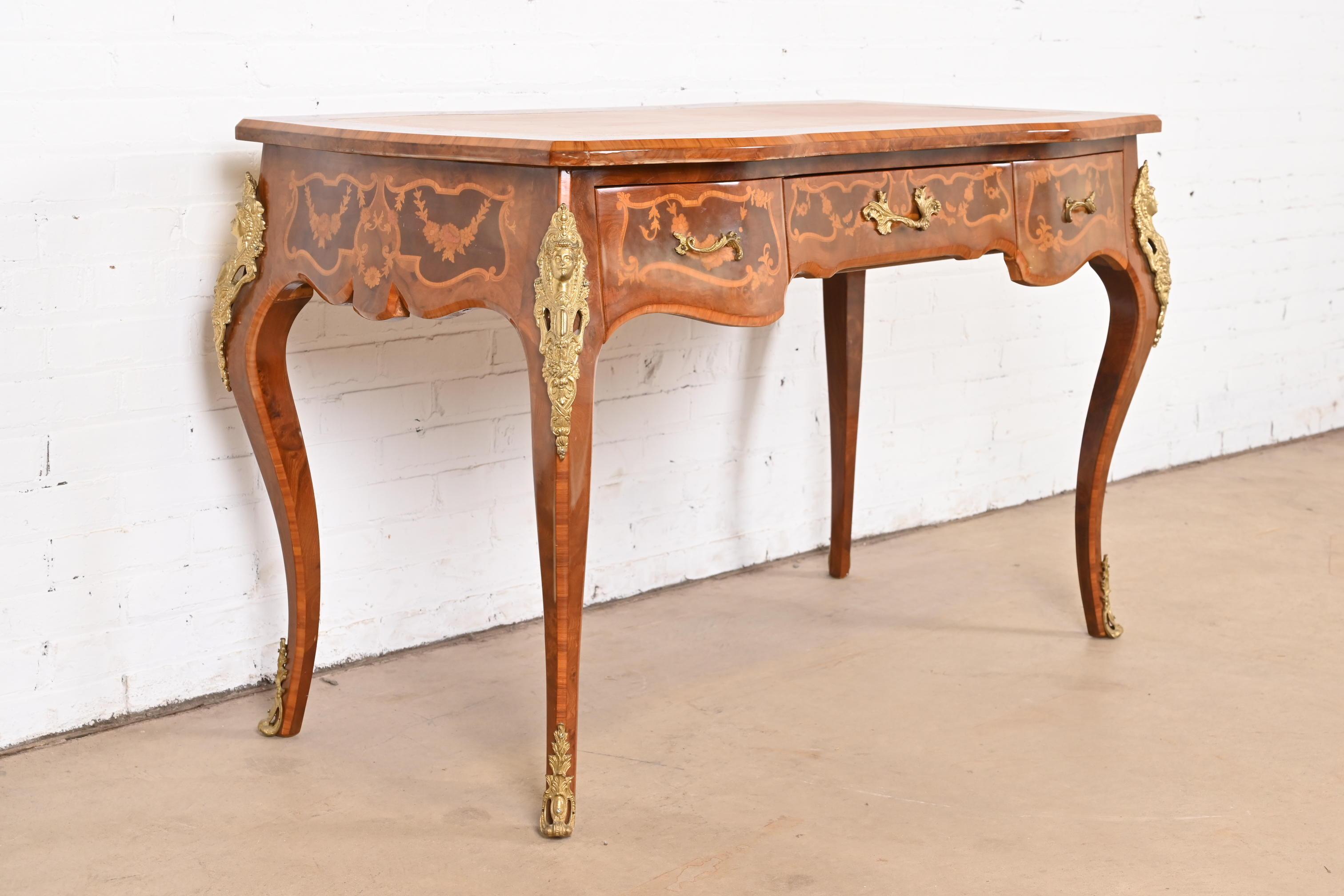 Italian Louis XV Burl Wood Leather Top Bureau Plat Desk With Bronze Ormolu 3