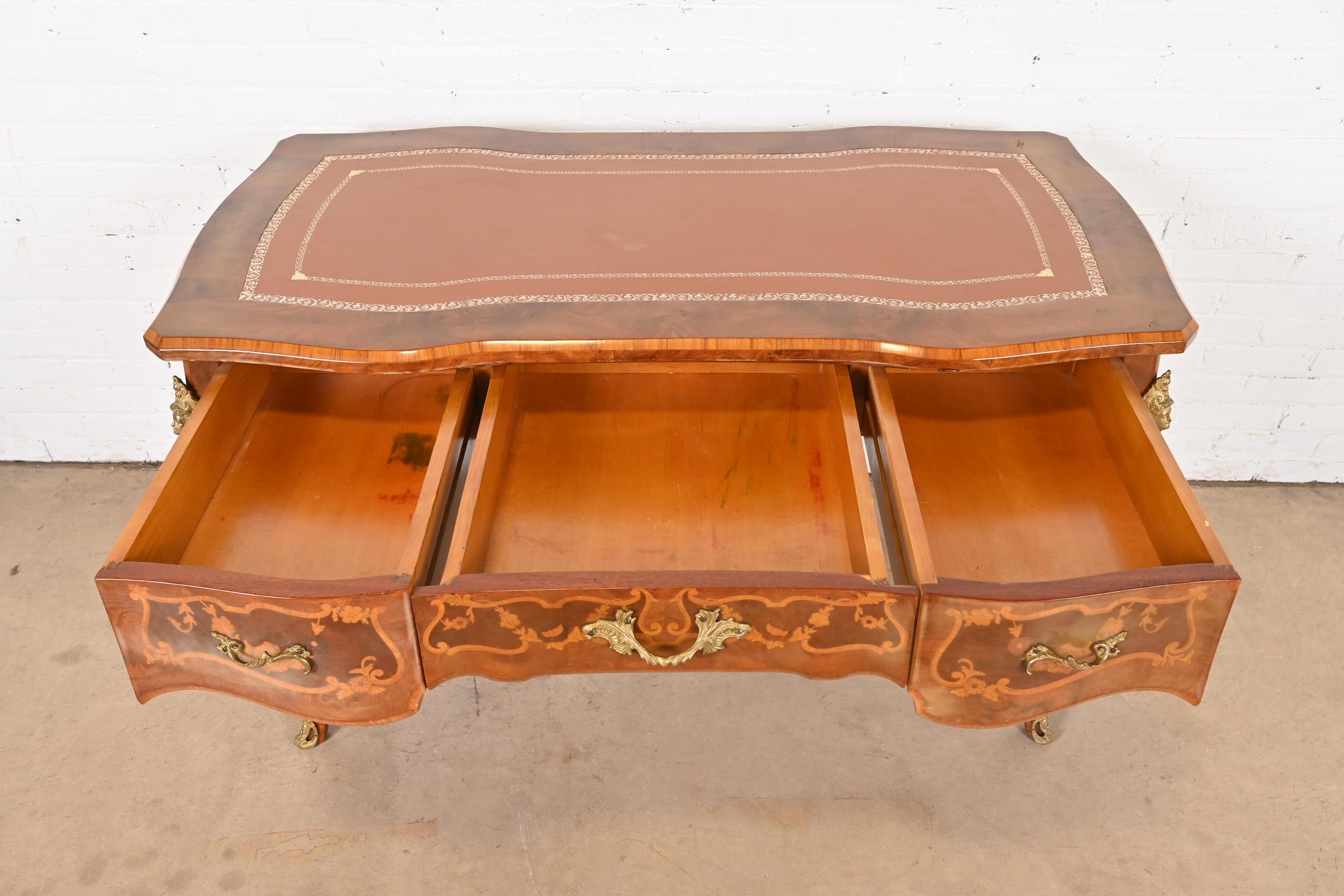 Italian Louis XV Burl Wood Leather Top Bureau Plat Desk With Bronze Ormolu 5
