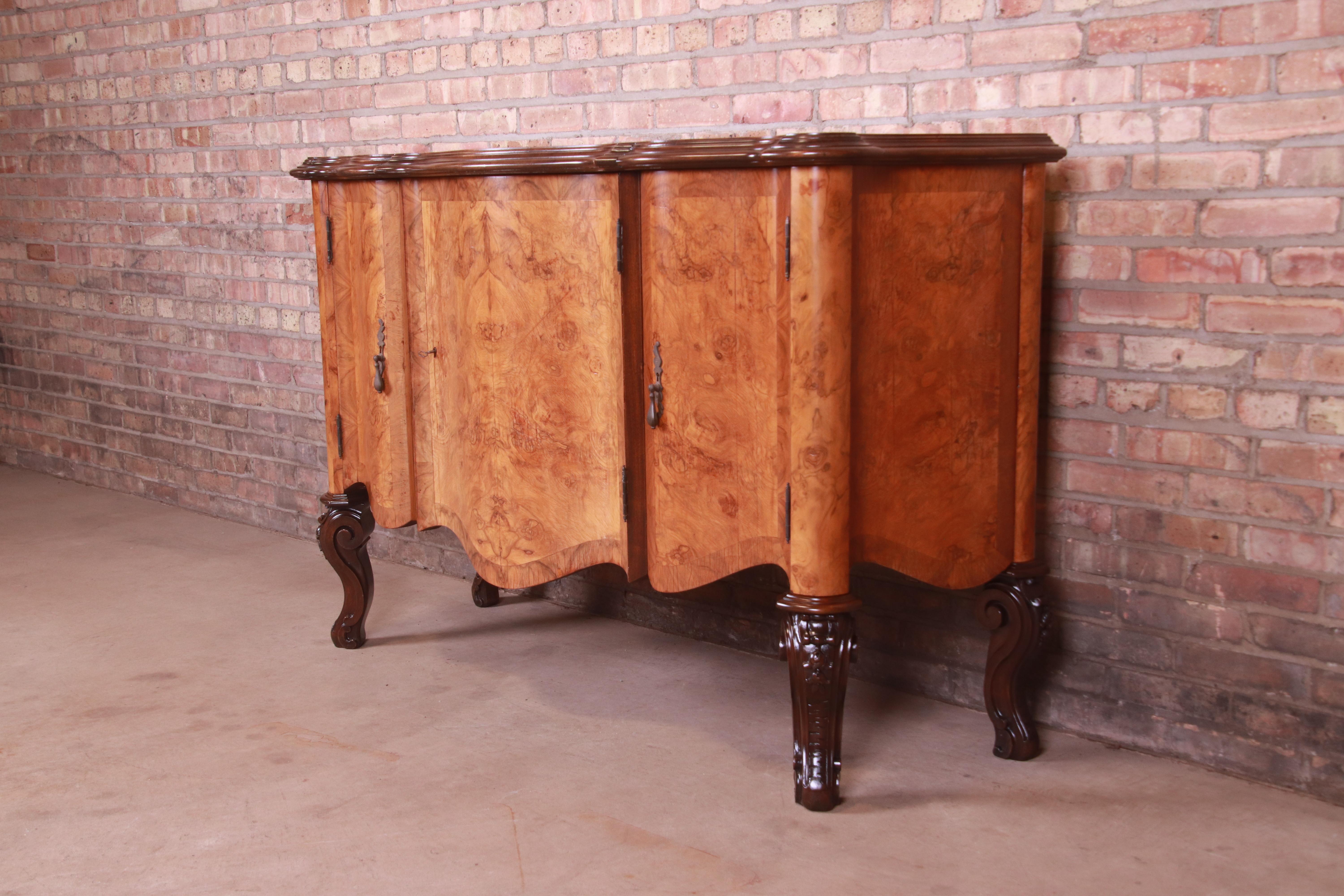 Mid-20th Century Italian Louis XV Burl Wood Sideboard or Bar Cabinet, Newly Refinished