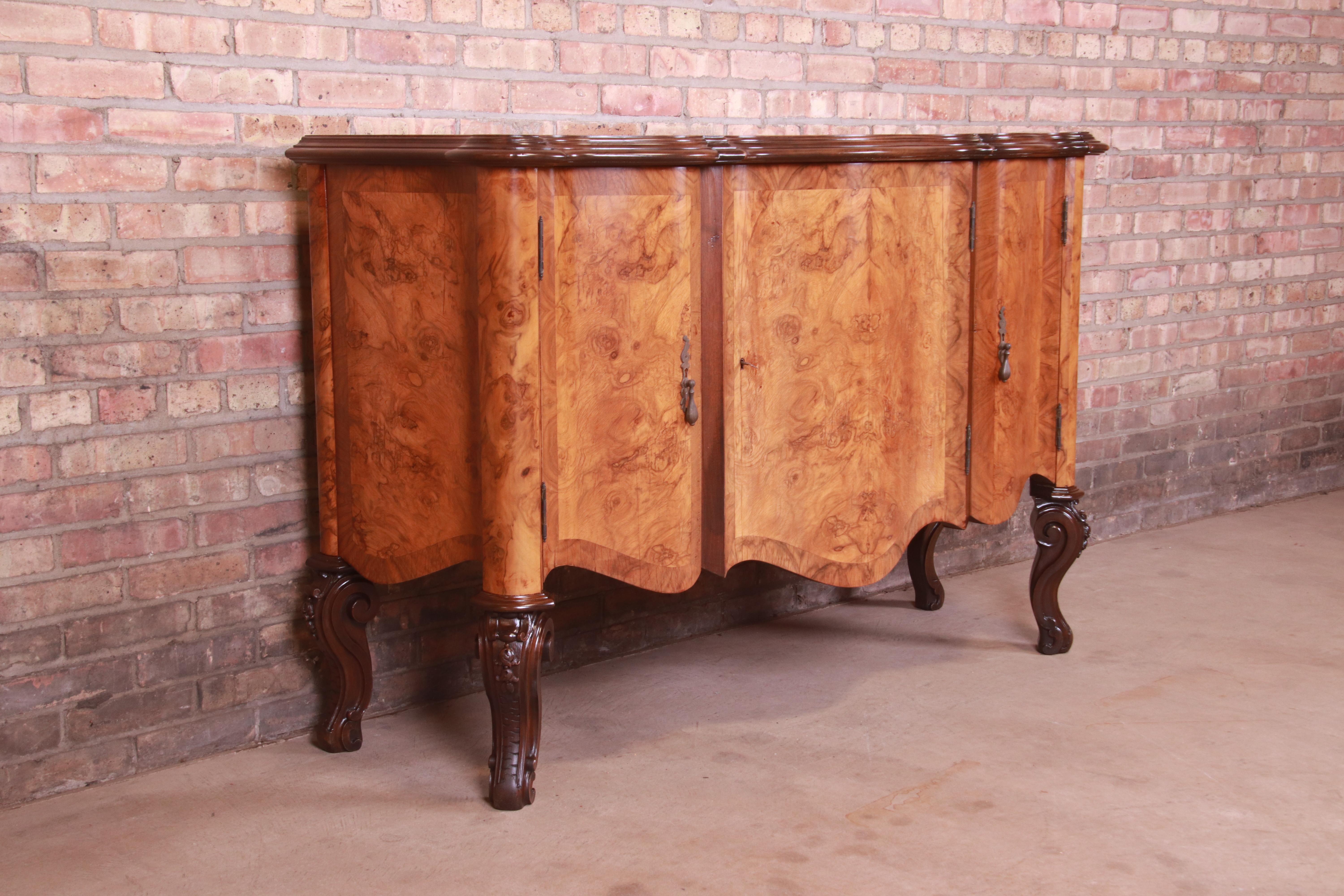 Italian Louis XV Burl Wood Sideboard or Bar Cabinet, Newly Refinished 1