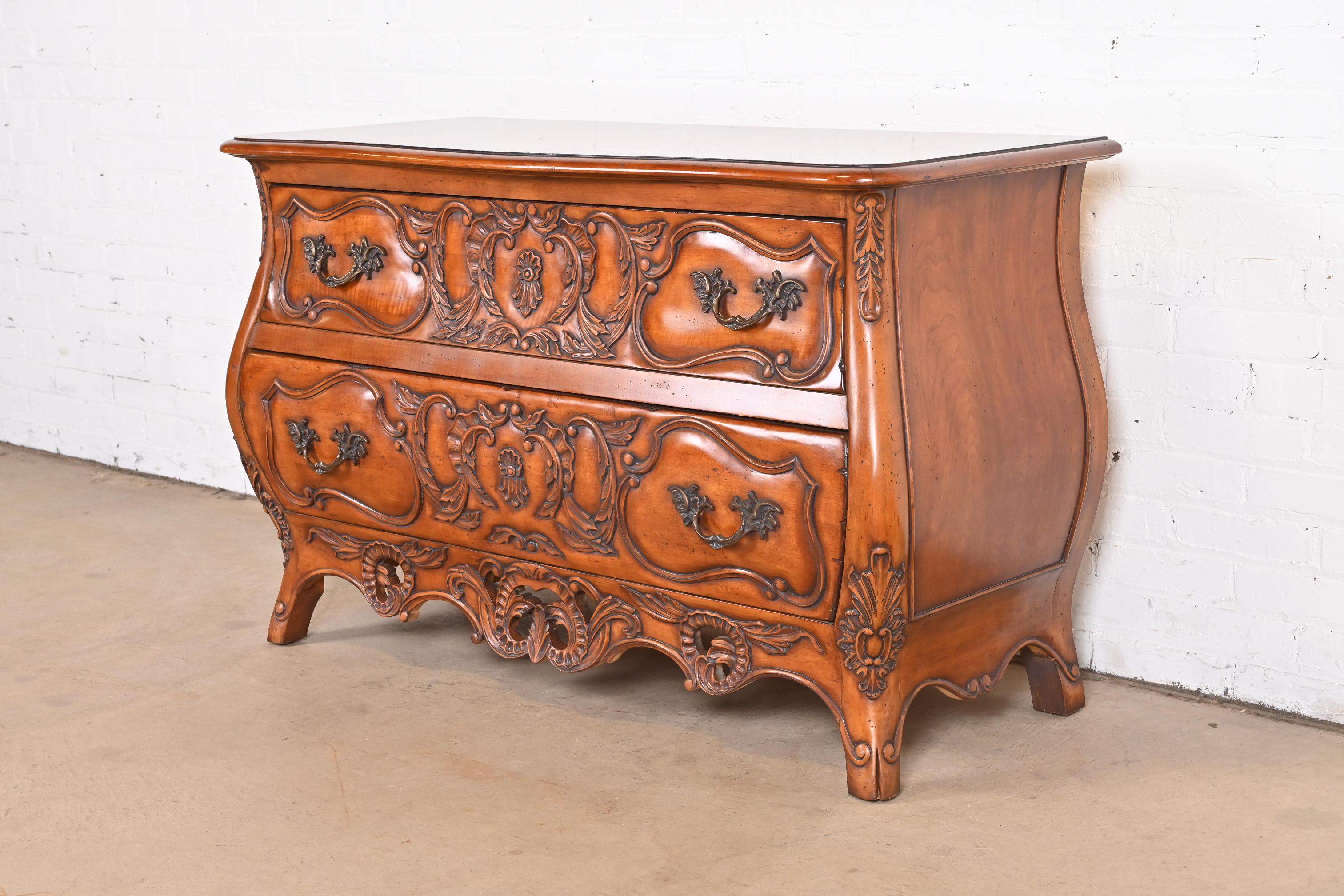 Brass Italian Louis XV Carved Cherry Wood Commode or Bombay Chest For Sale