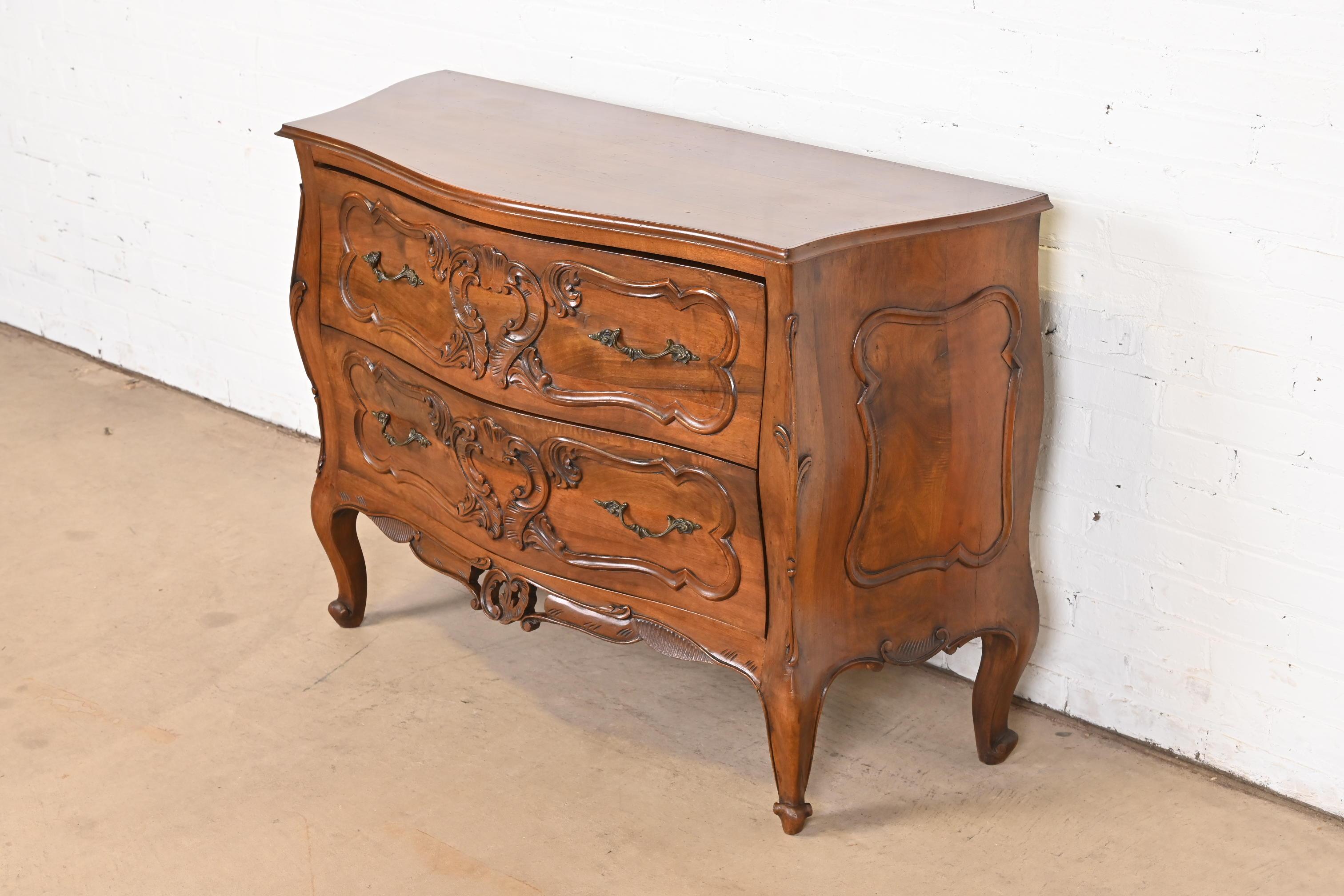 Brass Italian Louis XV Carved Walnut Commode or Bombay Chest of Drawers For Sale