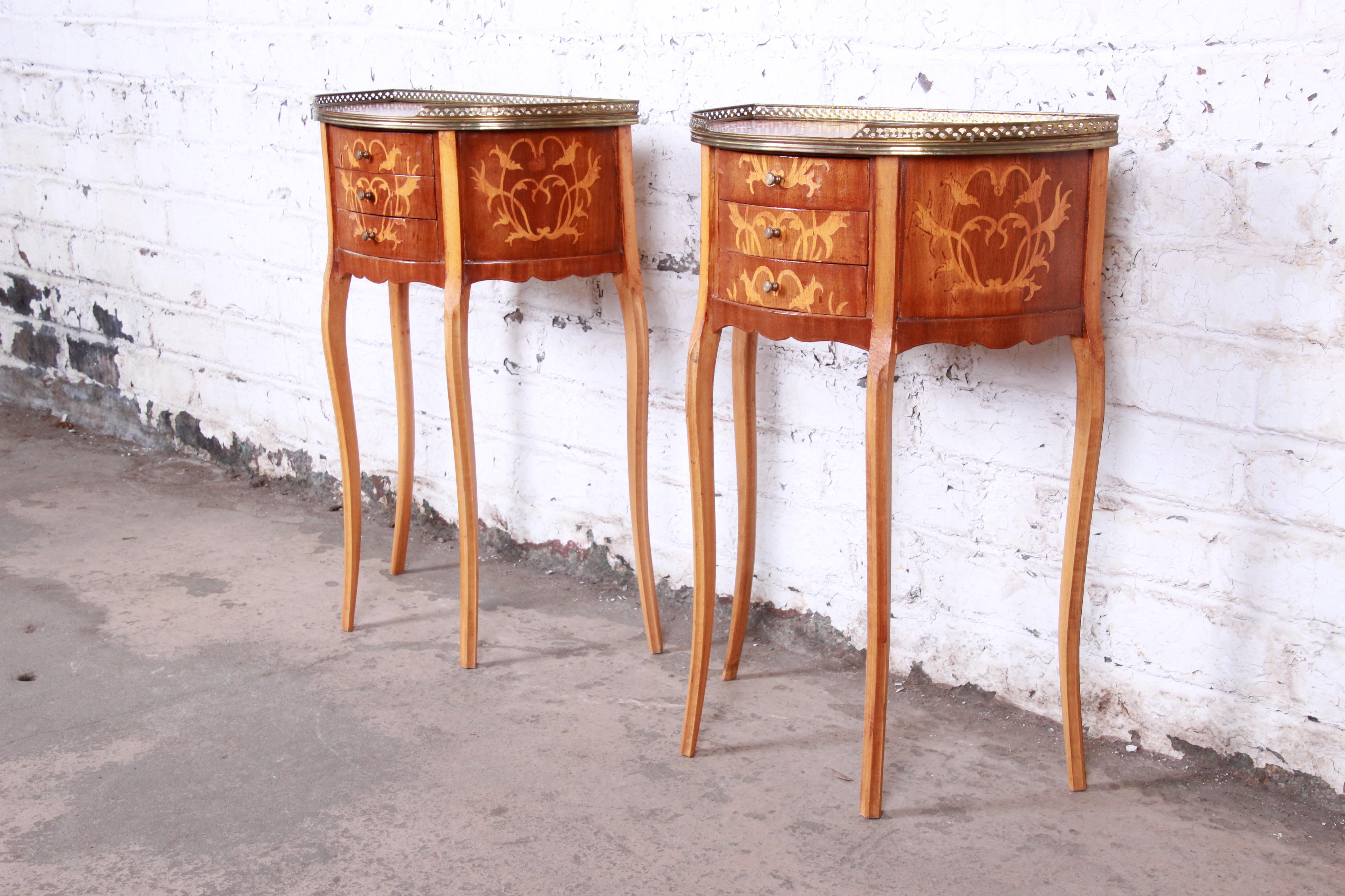 Italian Louis XV Inlaid Marquetry Mahogany Brass Gallery Demilune Nightstands In Good Condition In South Bend, IN
