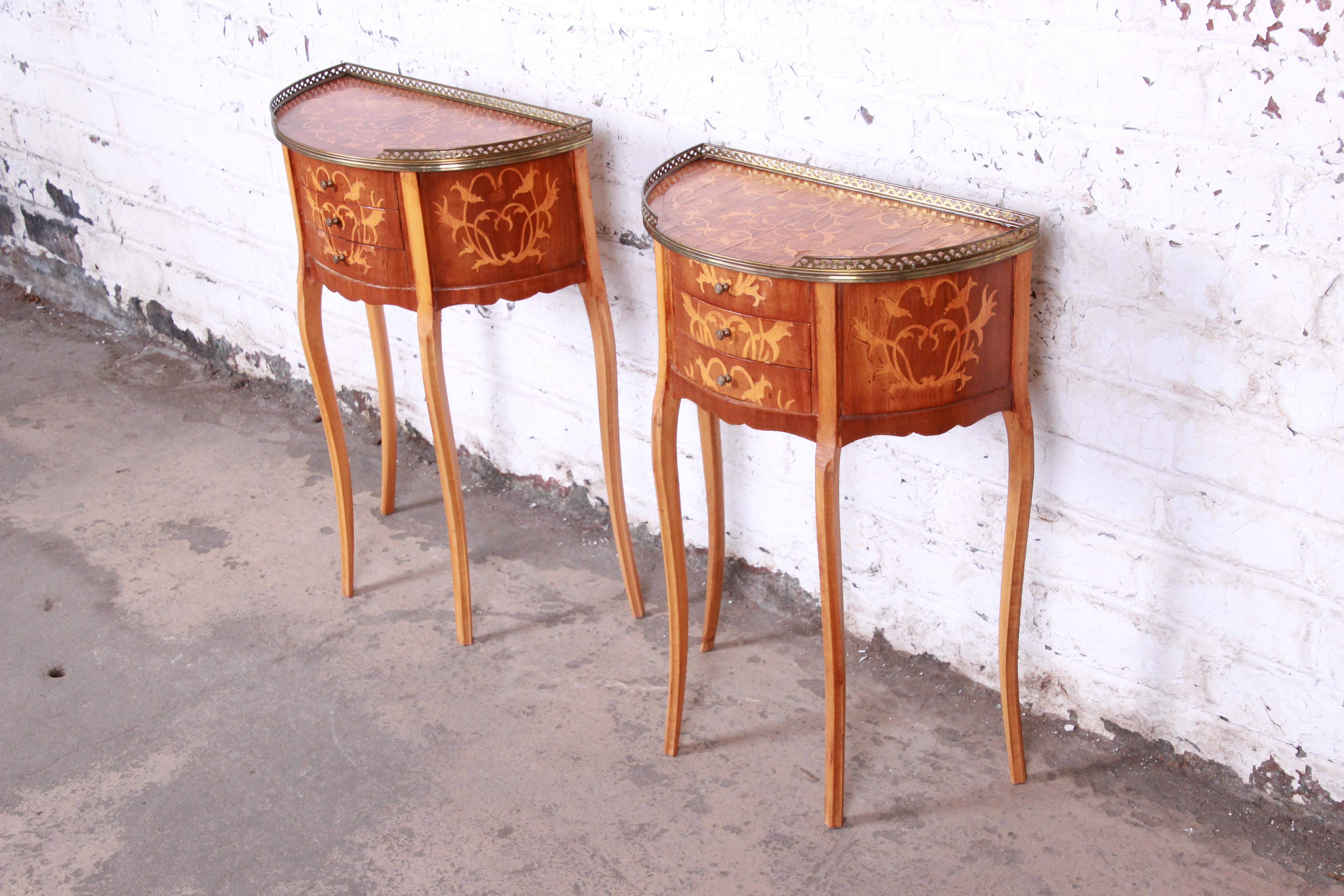 Mid-20th Century Italian Louis XV Inlaid Marquetry Mahogany Brass Gallery Demilune Nightstands
