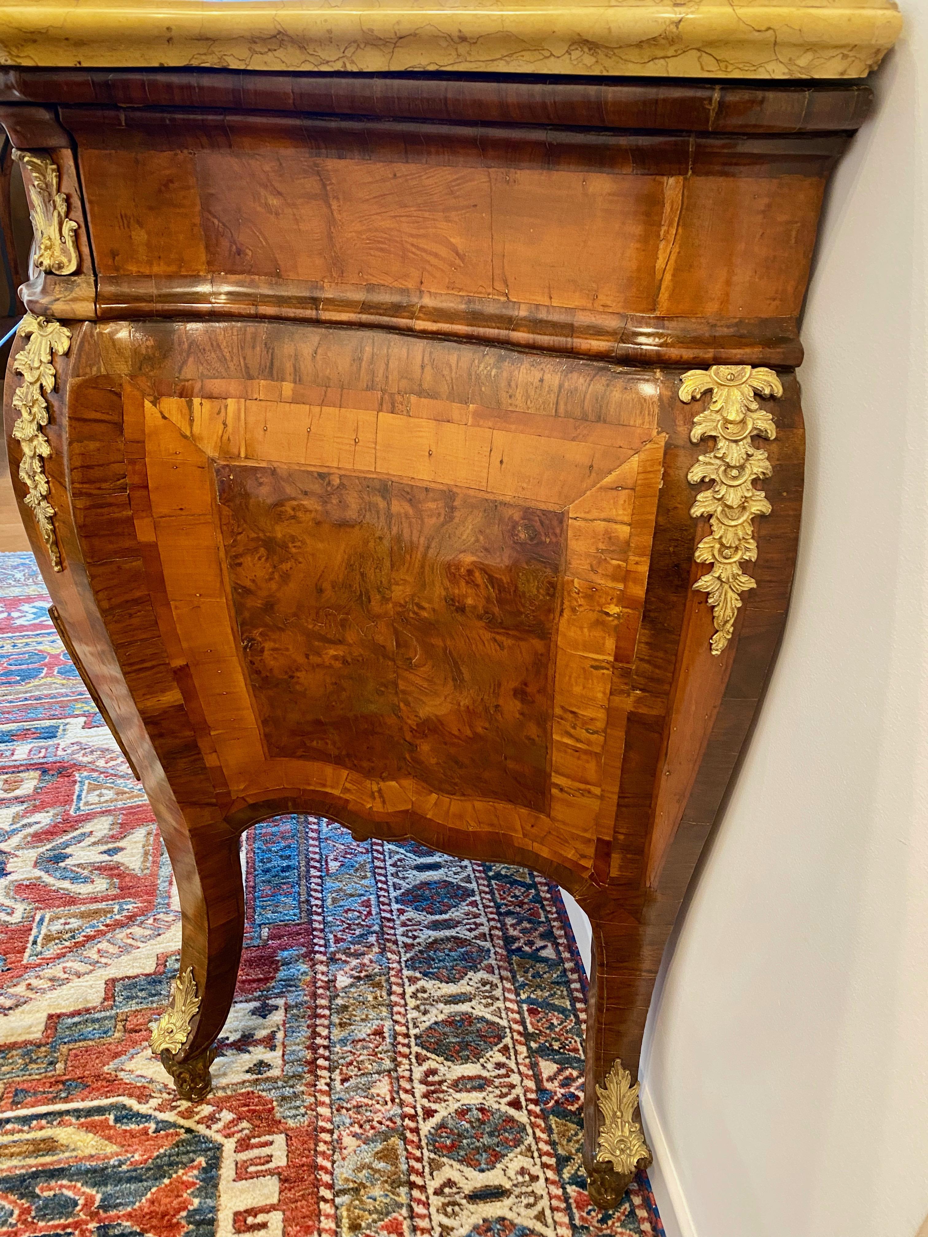 Ormolu Italian Louis XV Roman Bombe' Shaped Commode with Original Marble Top, 1730 For Sale