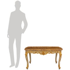 Table basse italienne de l'époque Louis XV, en bois doré et marbre « brocatelle d'Espagne »