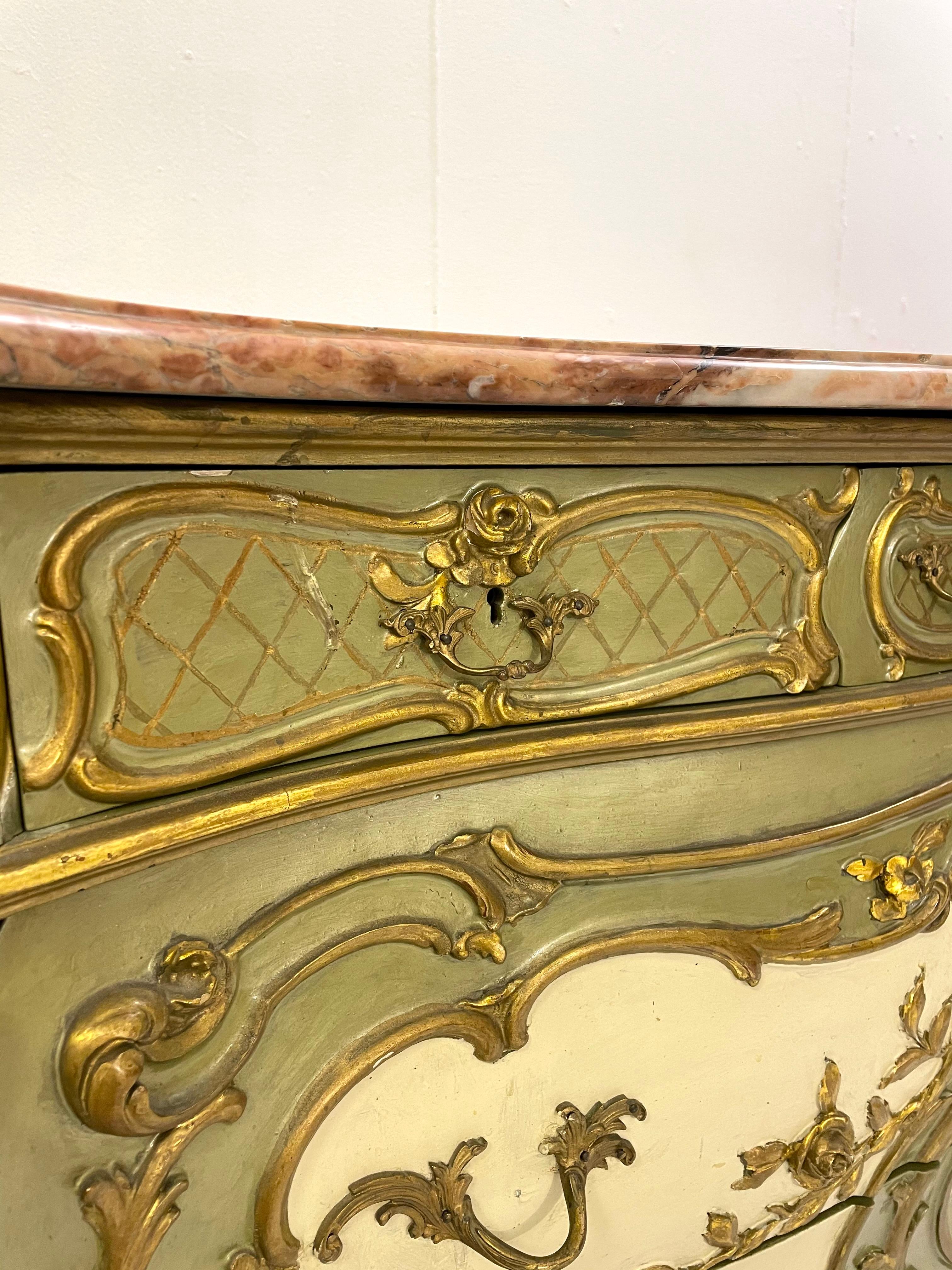 Italian Louis XV Style Chest of Drawers, Peach Blossom Marble For Sale 2