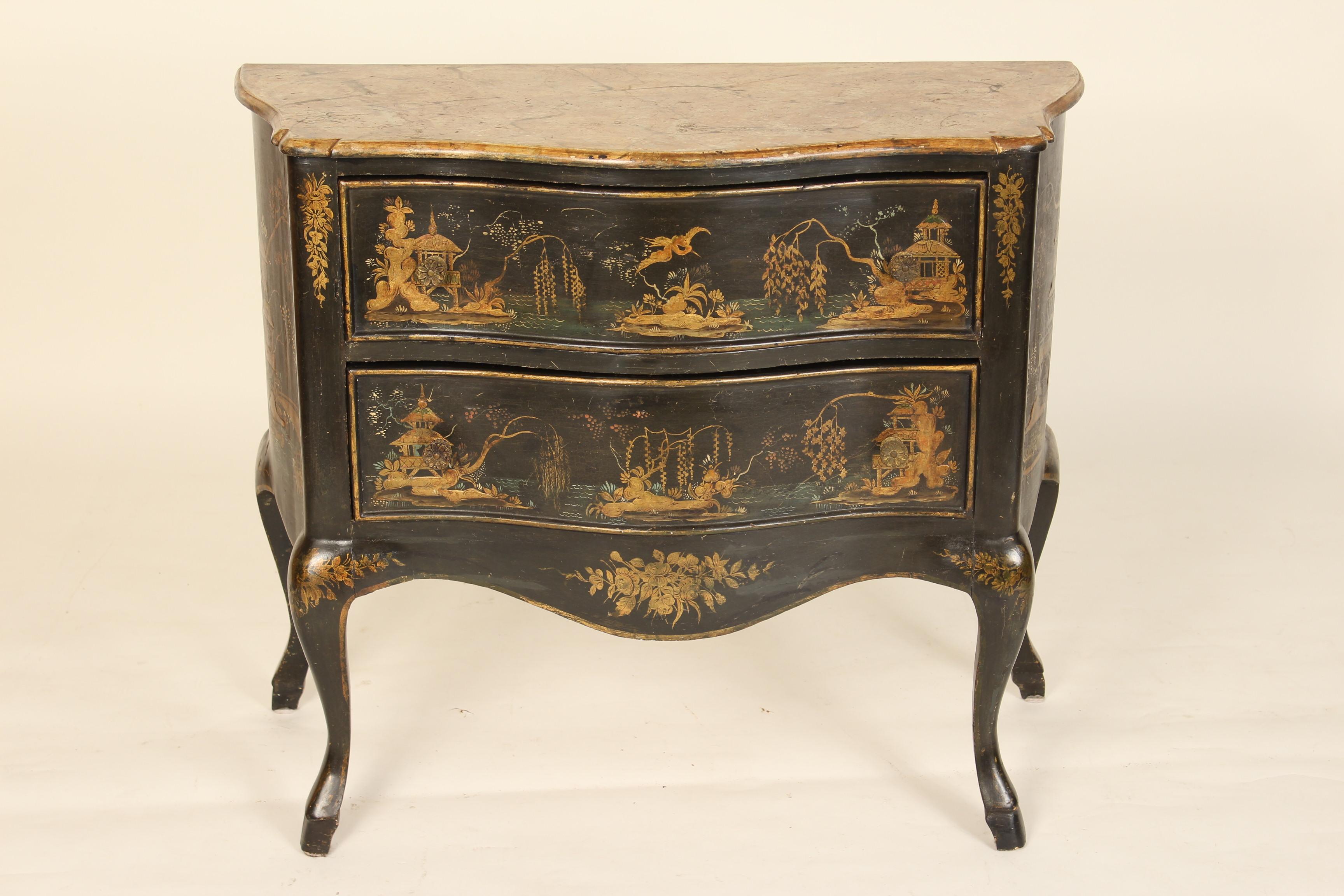 Italian Louis XV style chinoiserie decorated two drawer chest of drawers with a faux marble top, mid-20th century.