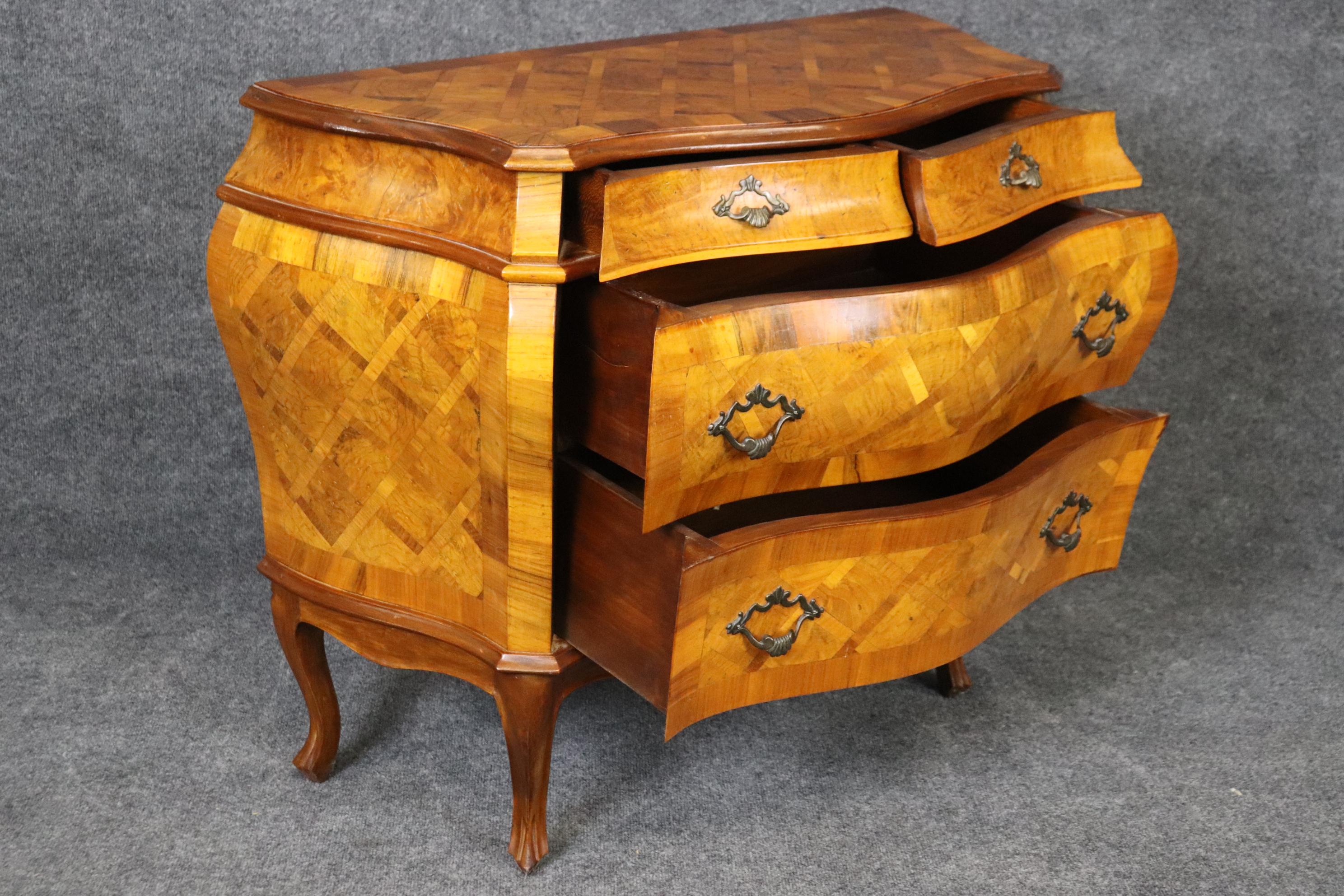 Italian Louis XV Style Inlaid Marquetry Olive Wood Commode Chest of Drawers In Good Condition For Sale In Swedesboro, NJ