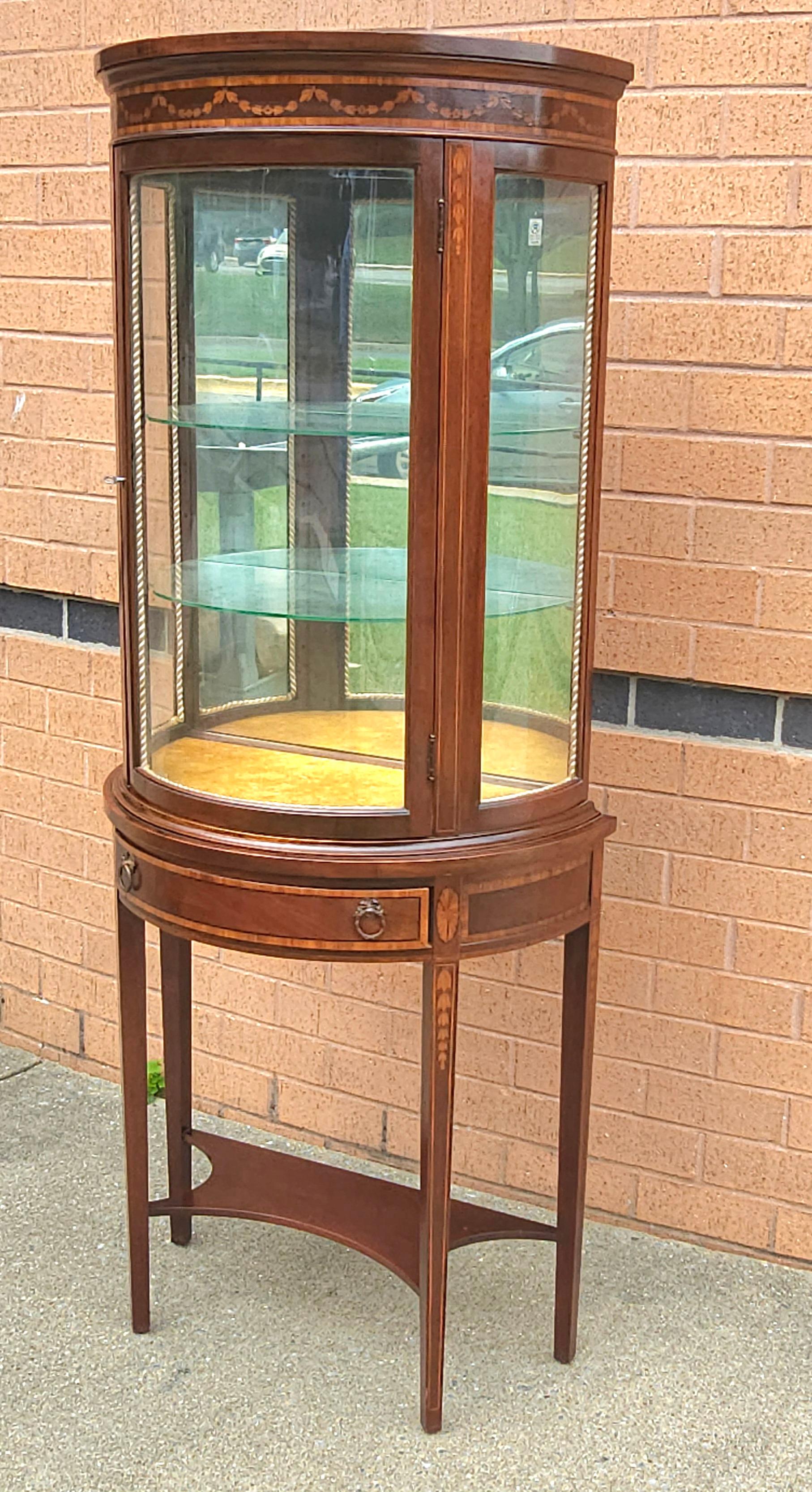 Inlay Italian Louis XV Style Marquetry Inlaid Mahogany Vitrine Cabinet For Sale