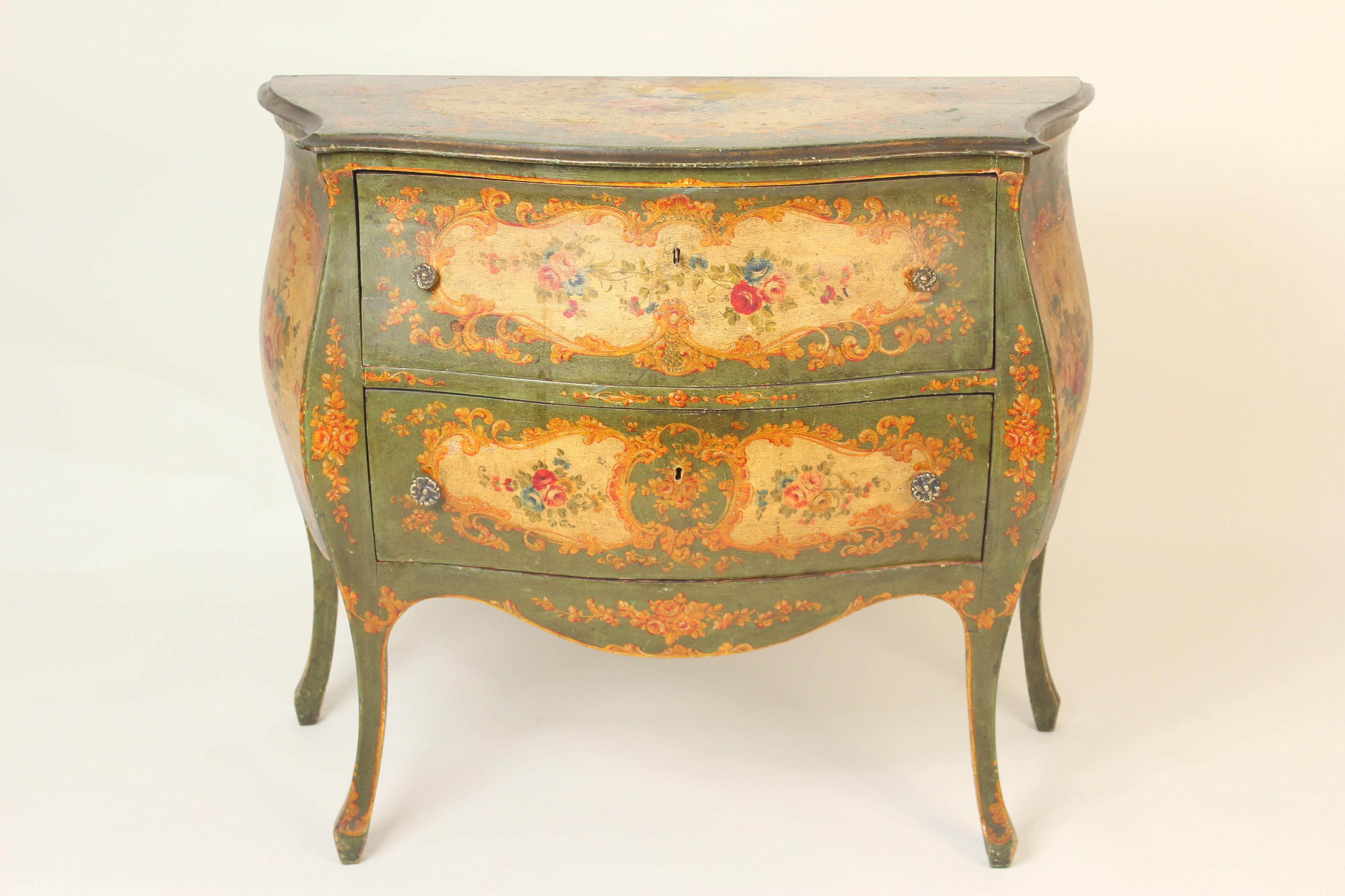 Italian Louis XV style floral painted bombe commode, circa 1930s.