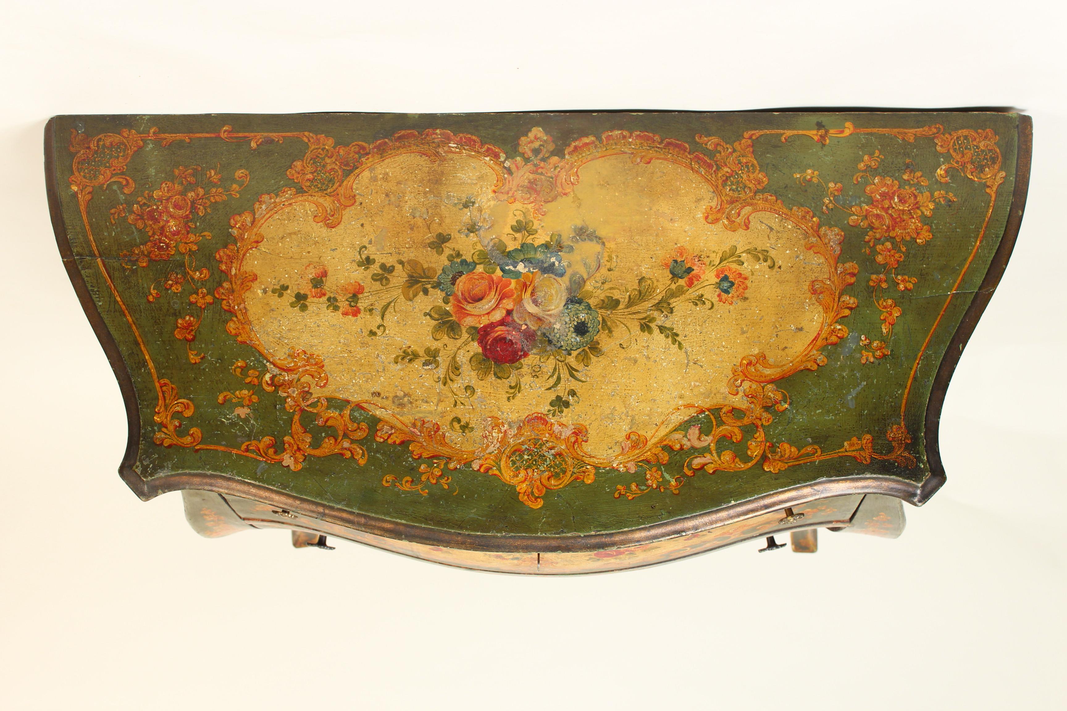 Brass Italian Louis XV Style Painted Bombe Commode