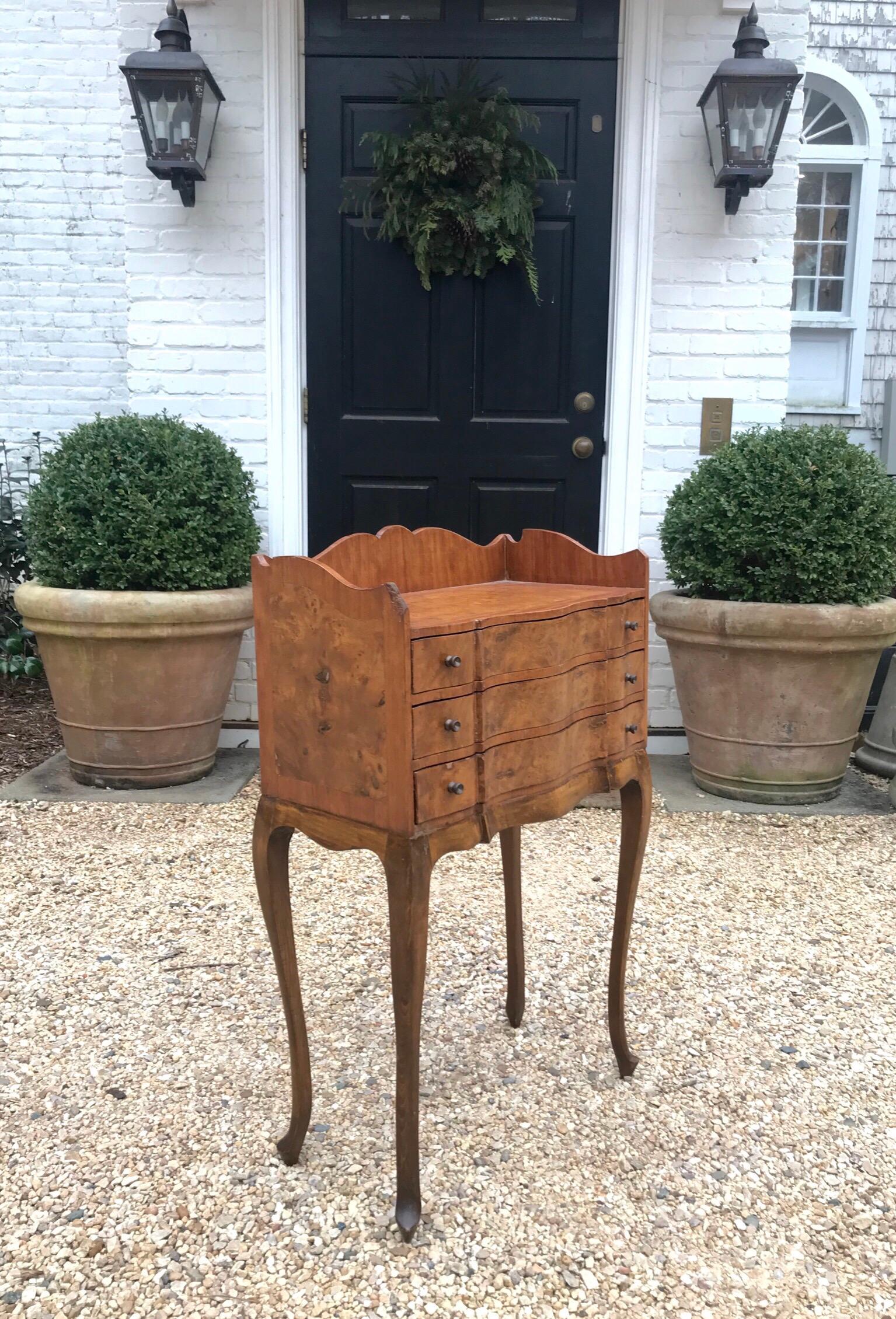 Veneer Italian Louis XV Style Three-Drawer Burl Wood Nightstand or Cabinet