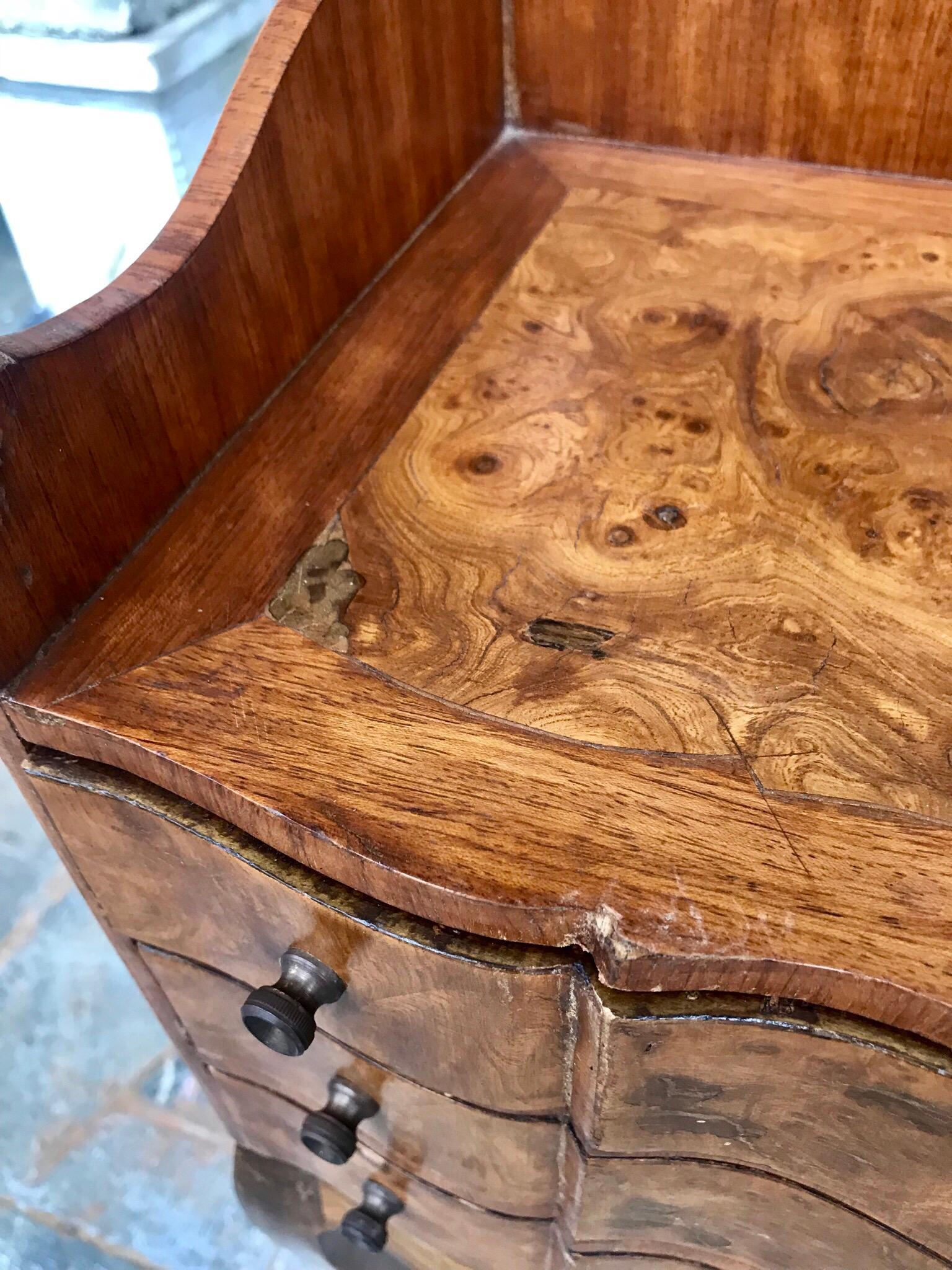 20th Century Italian Louis XV Style Three-Drawer Burl Wood Nightstand or Cabinet