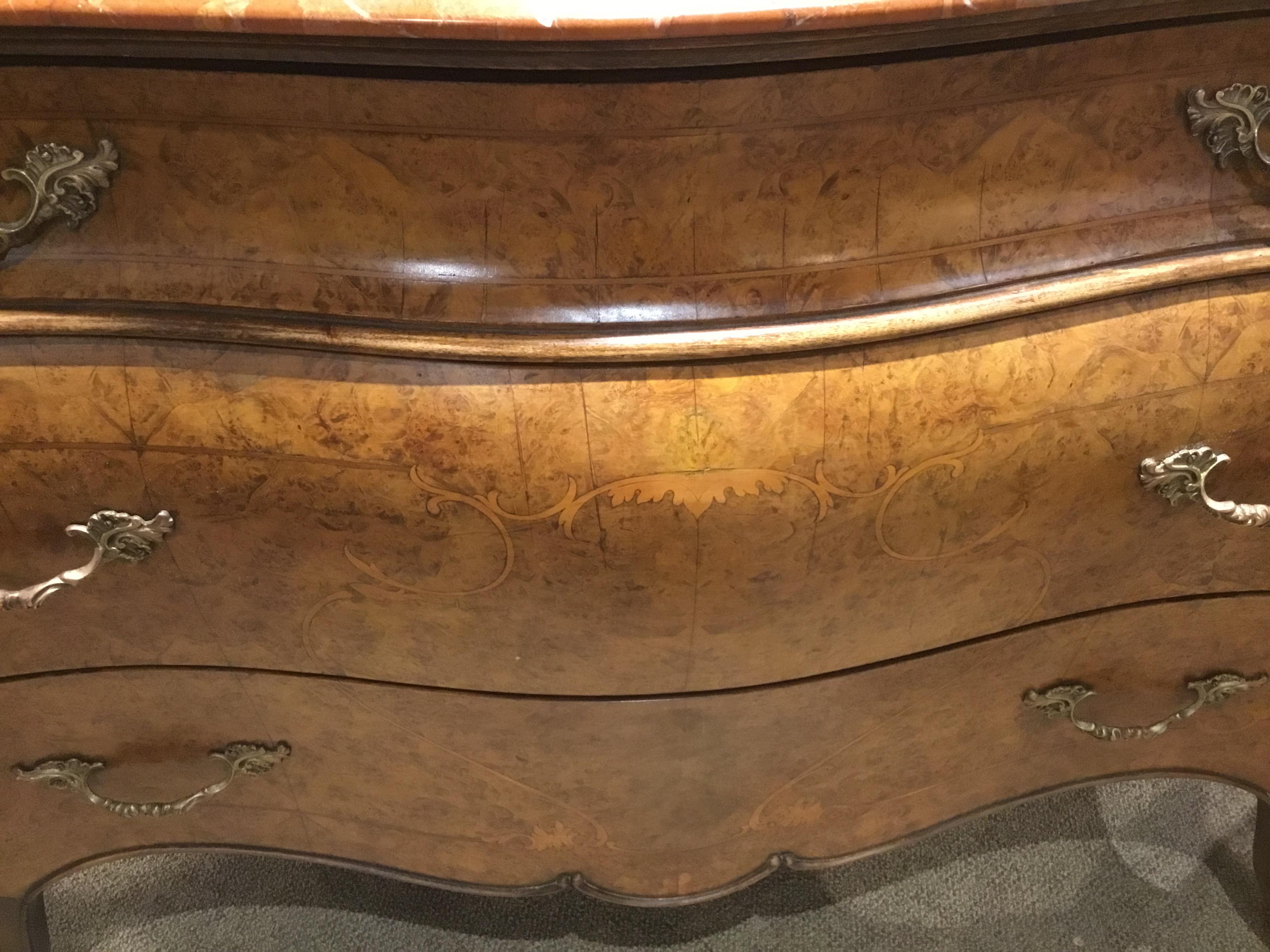 20th Century Italian Louis XV-Style Walnut Burl Wood Commode, Bombe’ Form, Marble Top