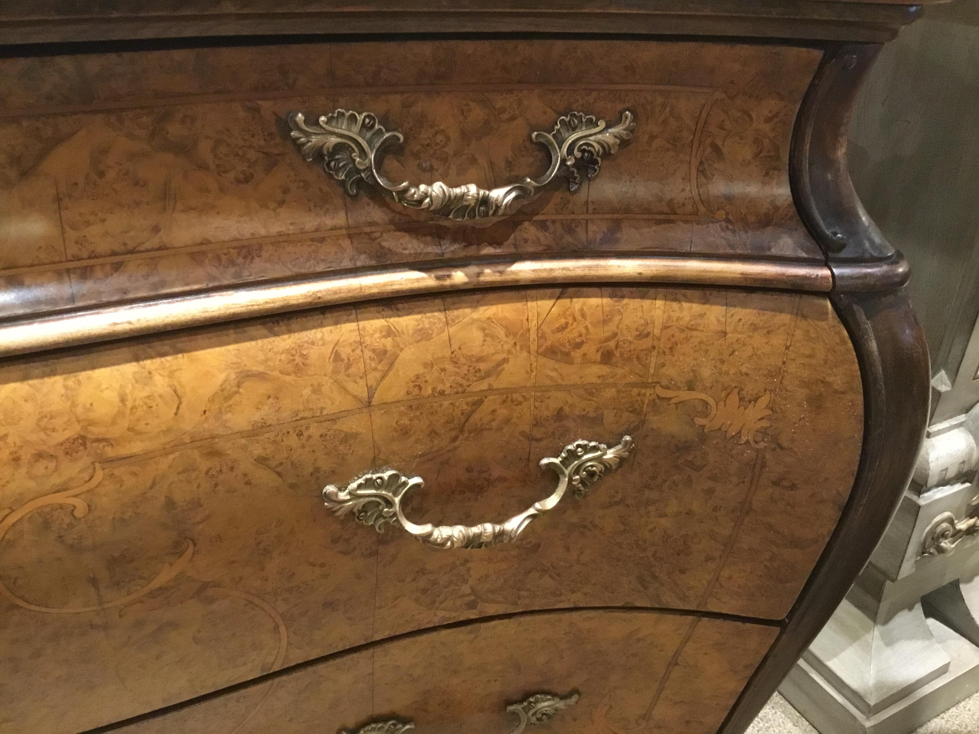 Italian Louis XV-Style Walnut Burl Wood Commode, Bombe’ Form, Marble Top 1