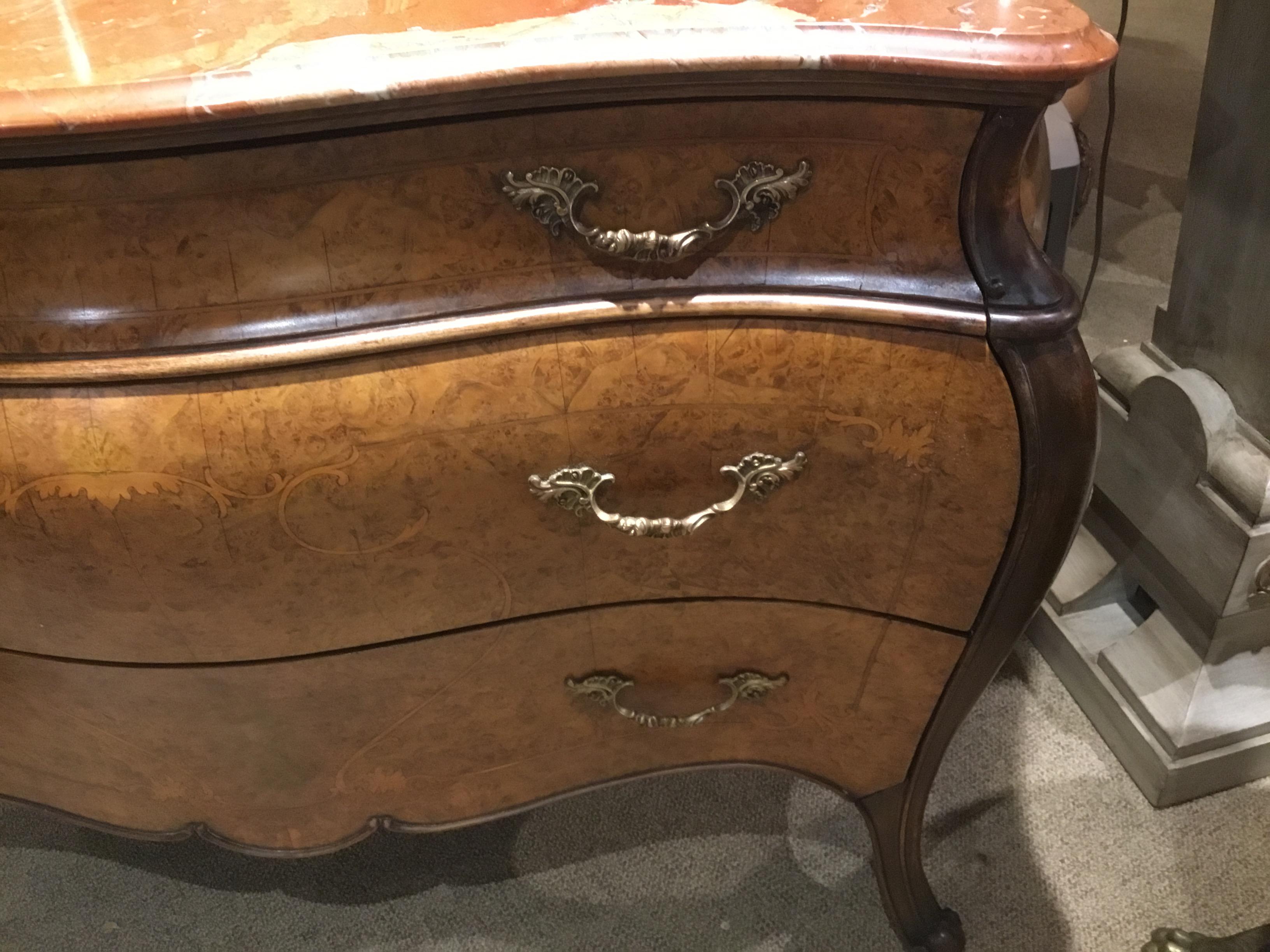 Italian Louis XV-Style Walnut Burl Wood Commode, Bombe’ Form, Marble Top 2