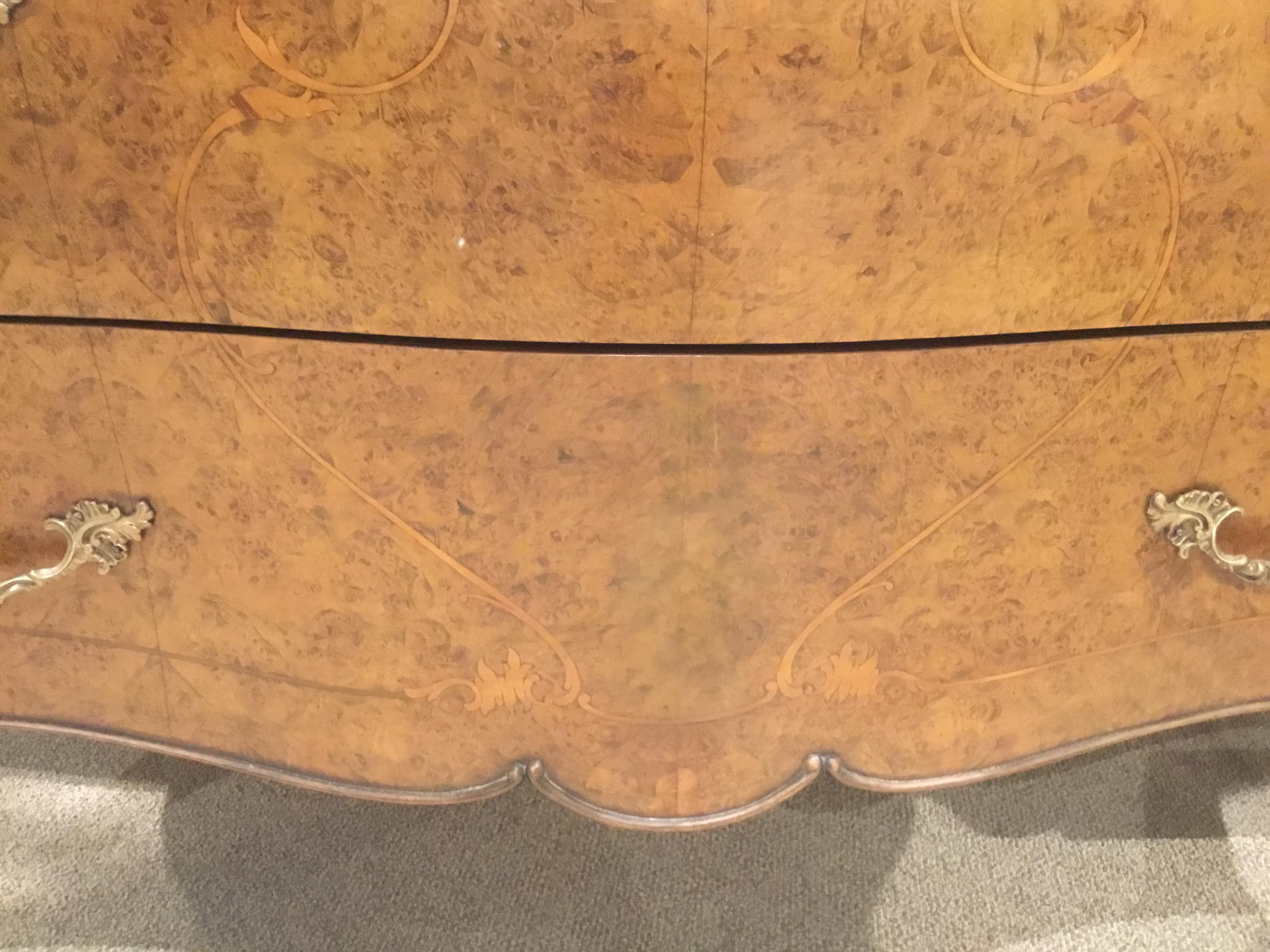 Italian Louis XV-Style Walnut Burl Wood Commode, Bombe’ Form, Marble Top 3