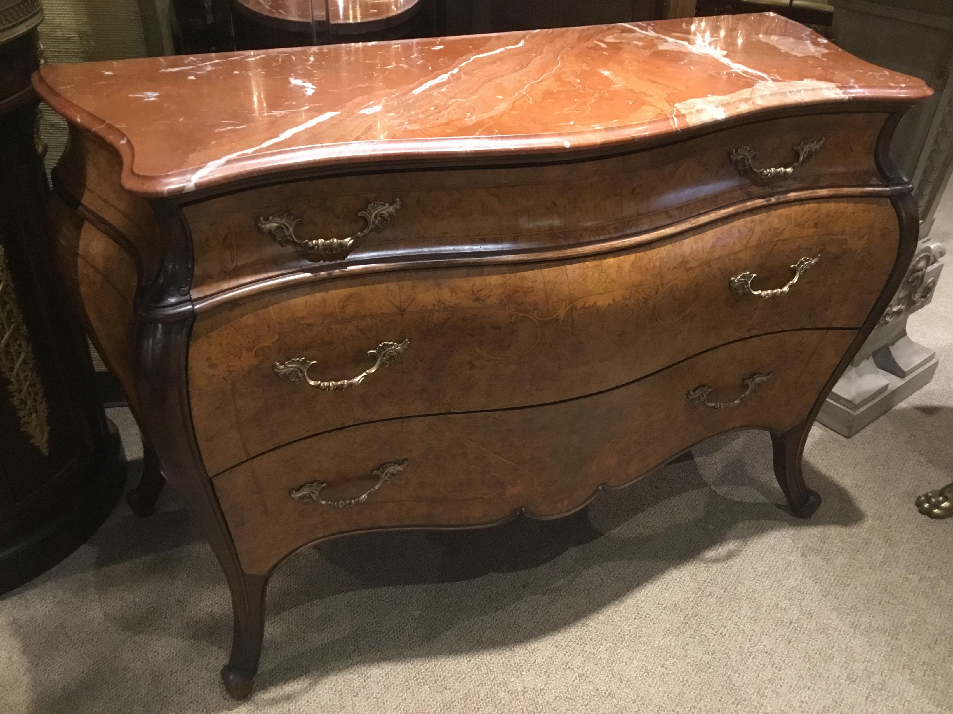Italian Louis XV-Style Walnut Burl Wood Commode, Bombe’ Form, Marble Top 4