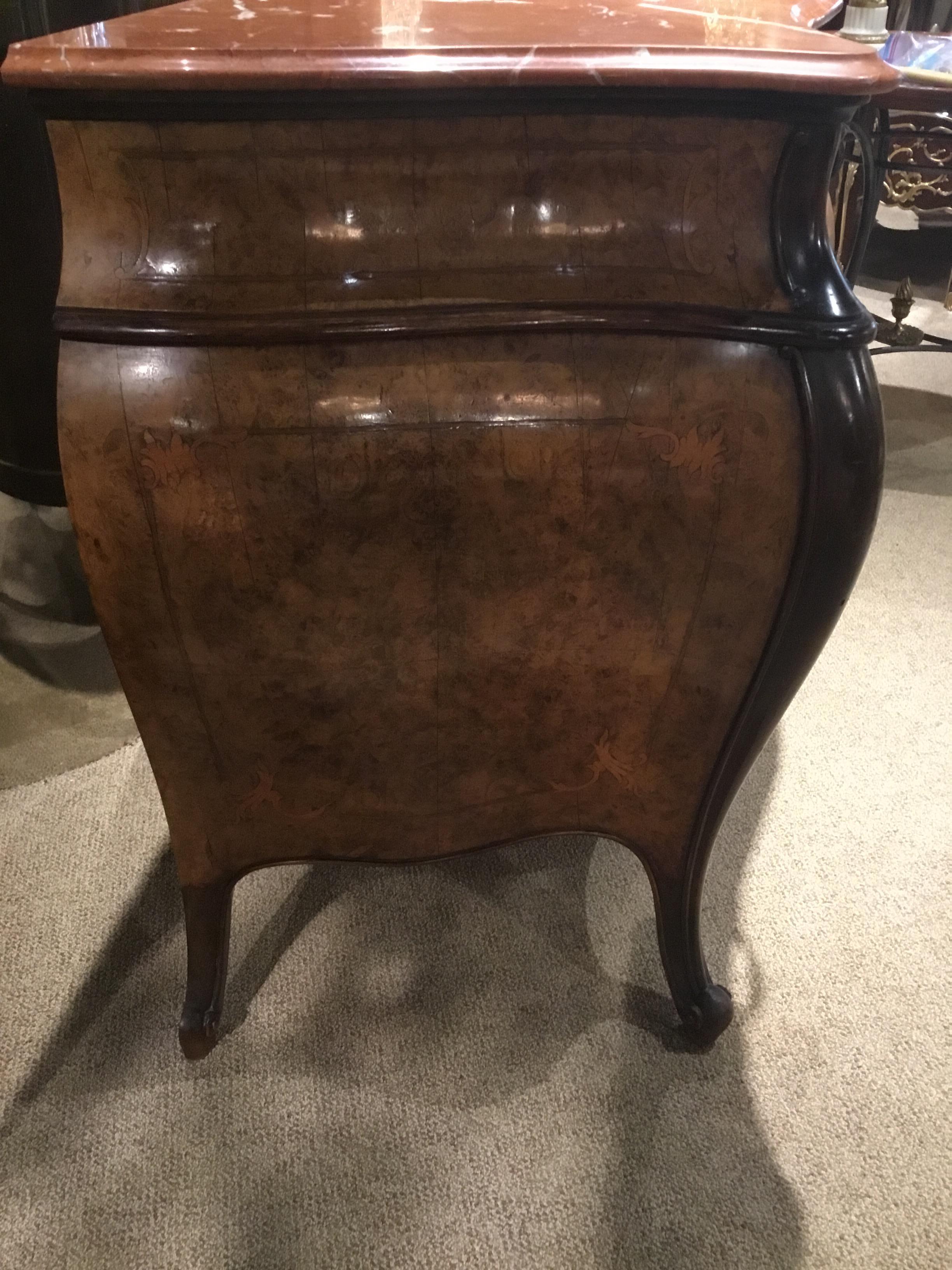 Italian Louis XV-Style Walnut Burl Wood Commode, Bombe’ Form, Marble Top 5