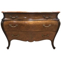Italian Louis XV-Style Walnut Burl Wood Commode, Bombe’ Form, Marble Top