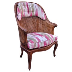 Italian Louis XV Style Walnut Double Wall Caned and Upholstered Bergère Armchair