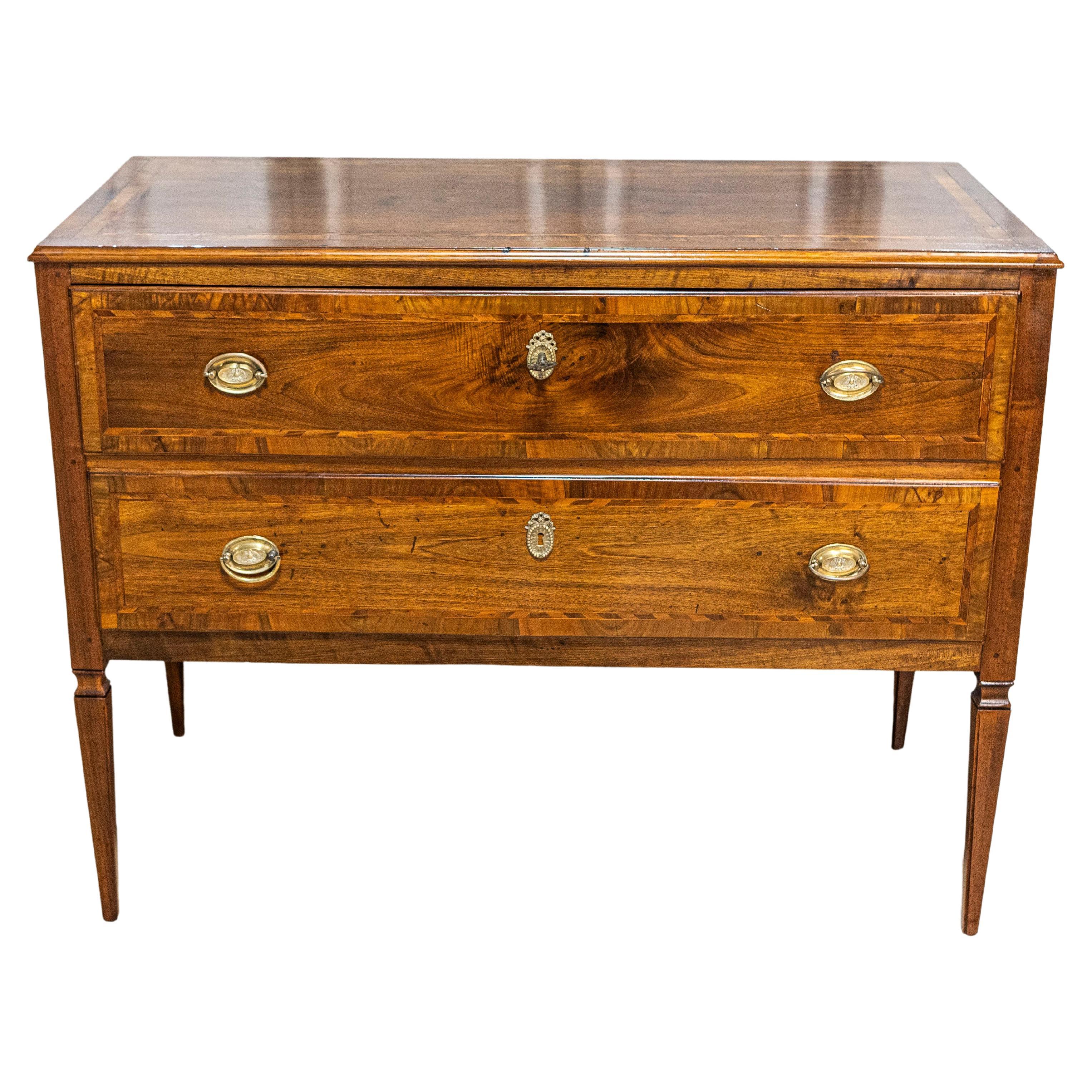 Italian Louis XVI 19th Century Walnut Two-Drawer Commode with Inlay For Sale