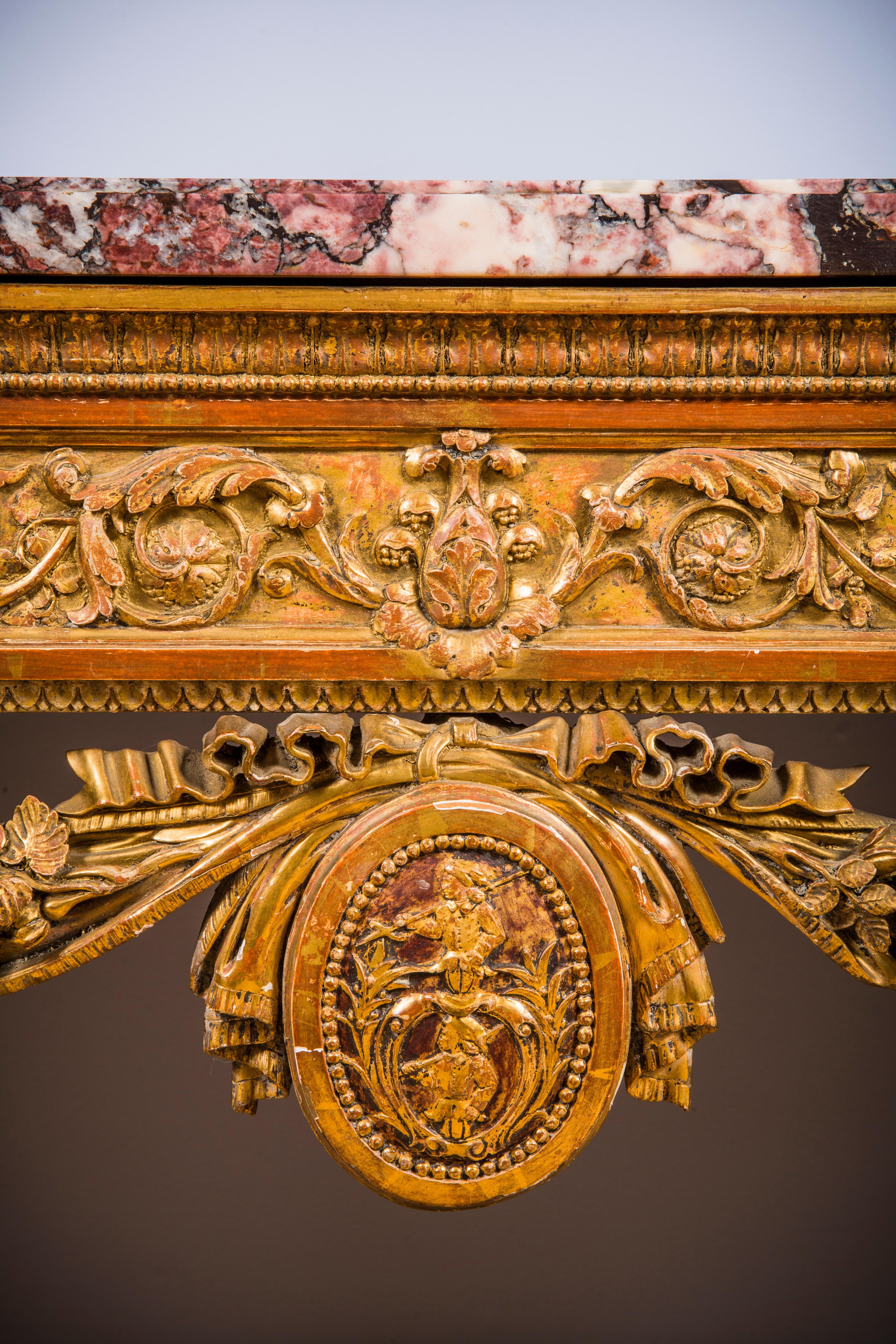 Louis XVI giltwood console table
with Breche Violette marble top,
North Italian, circa 19th century.
Measures: H 35.5 in., W 61.5 in., D 23.75 in. 

NMA Inv. 2826