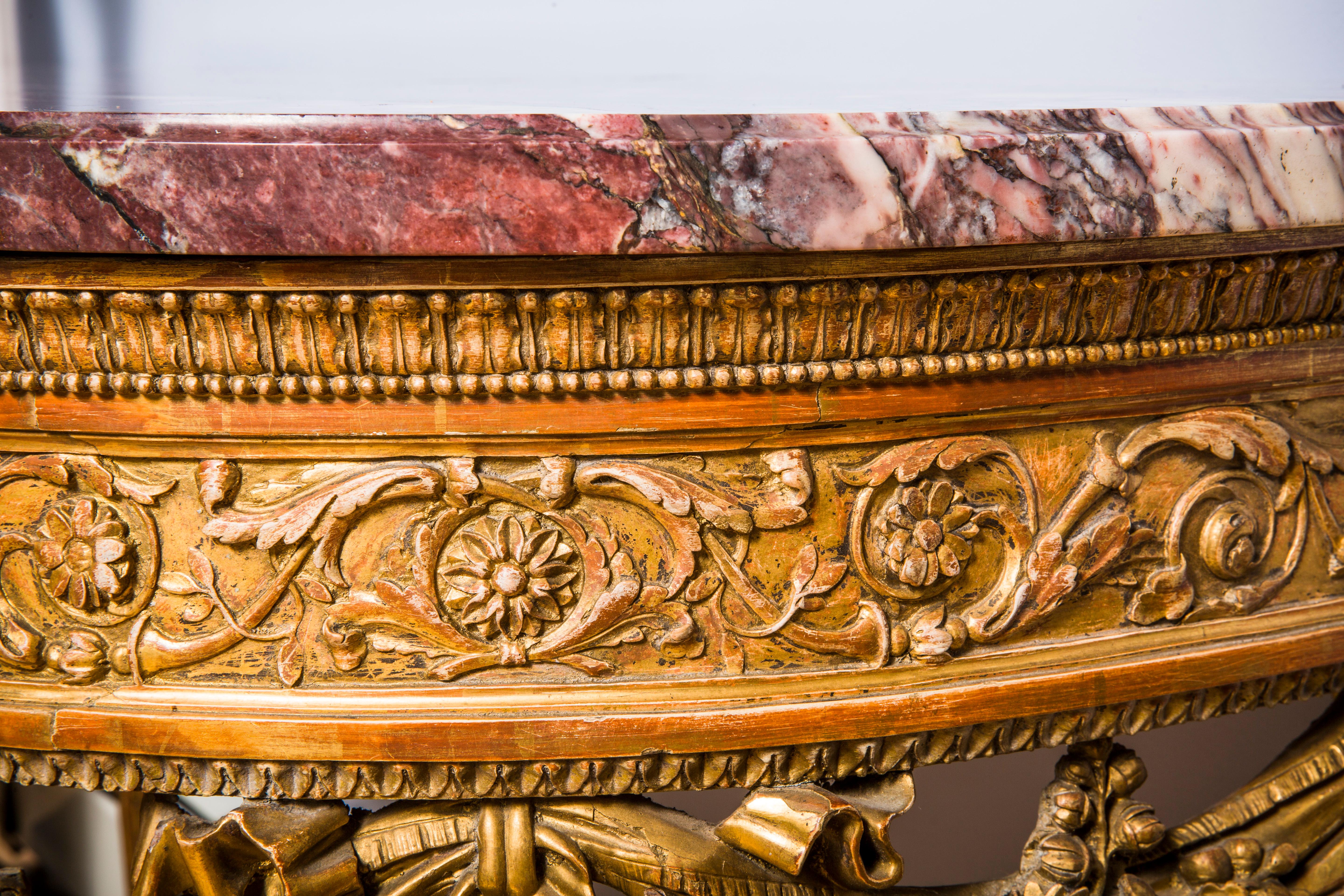 Carved Italian Louis XVI Giltwood Console Table with Marble Top