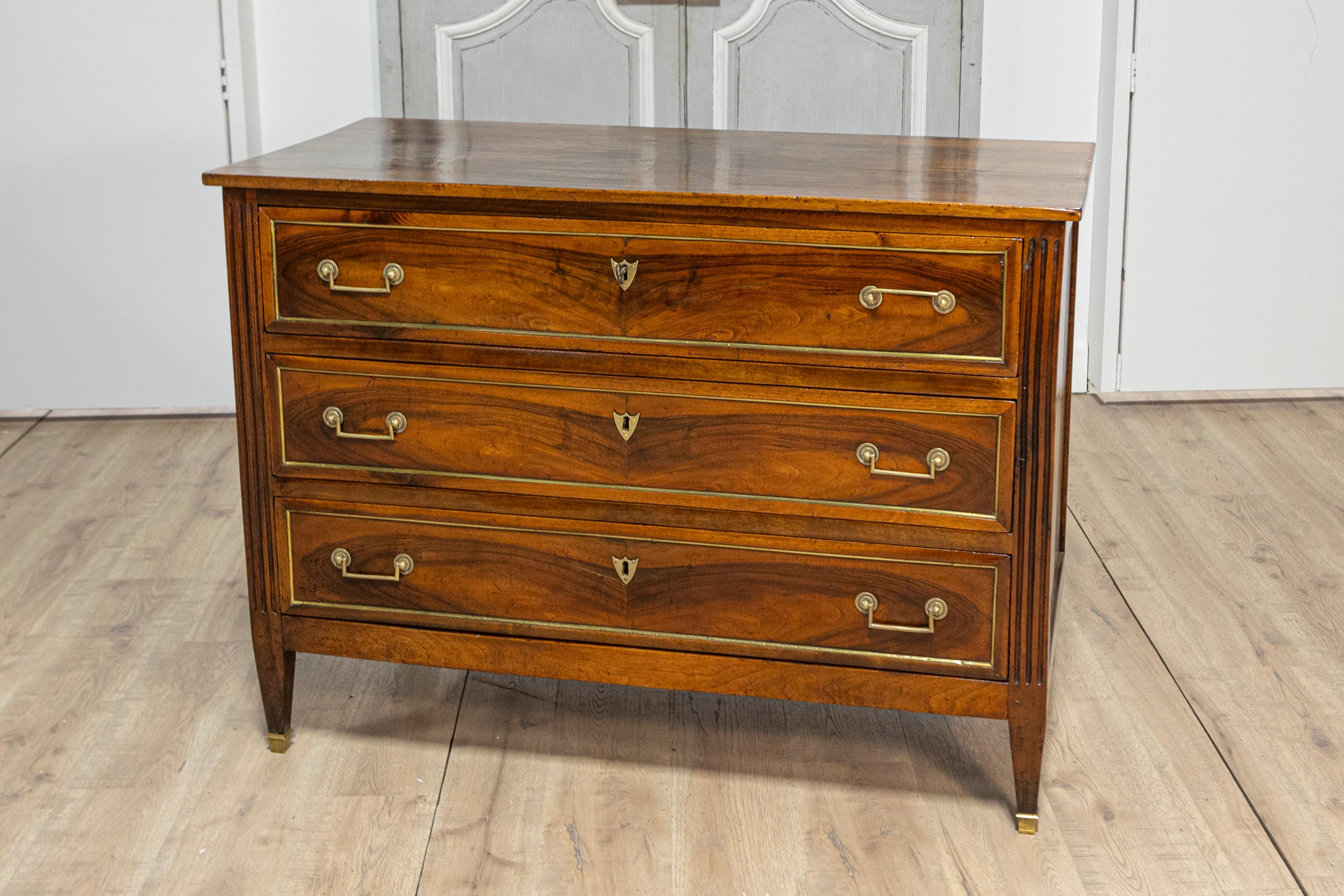 Italian Louis XVI Late 18th Century Walnut Three Drawer Commode with Brass Trim In Good Condition For Sale In Atlanta, GA