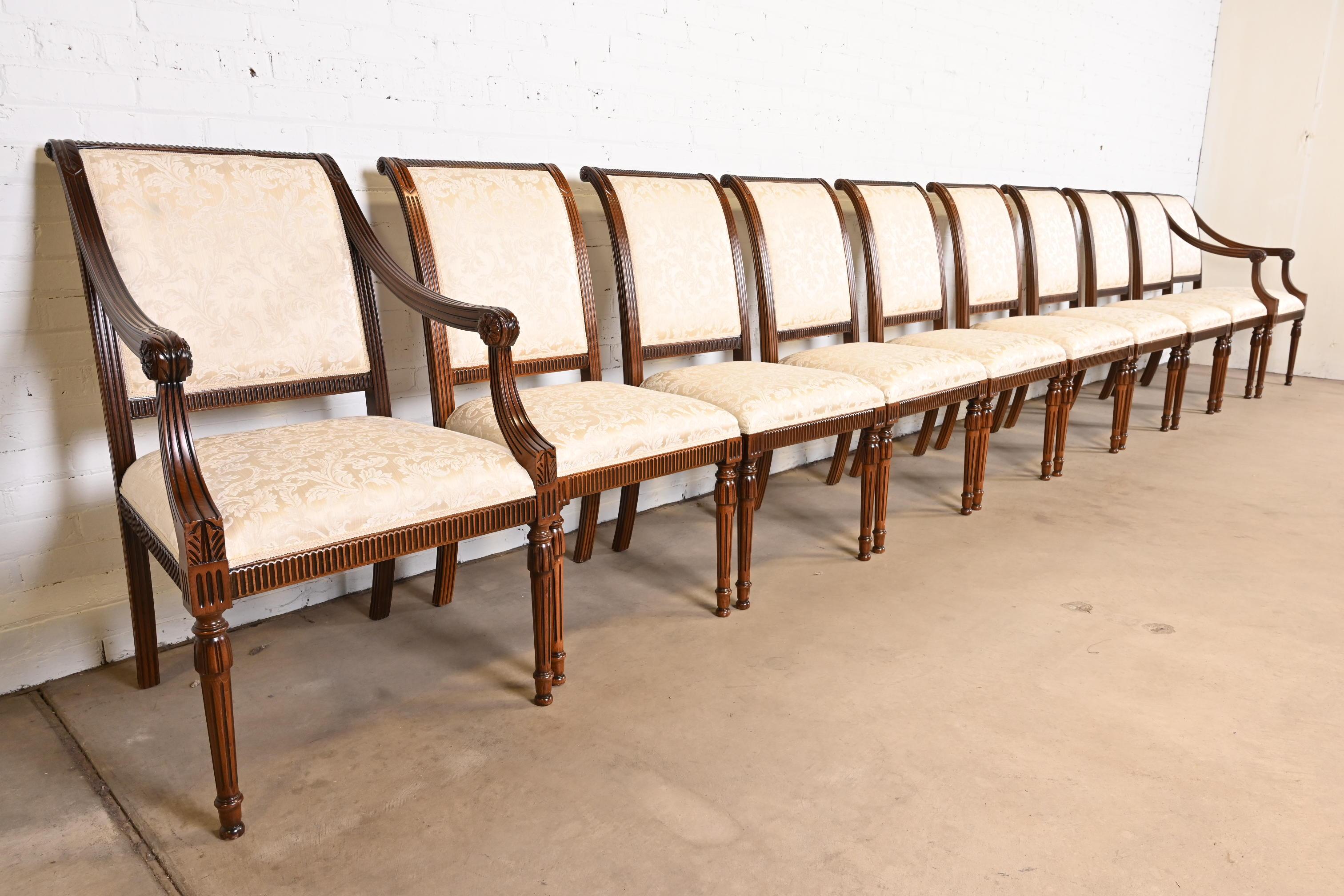 Upholstery Italian Louis XVI Mahogany Dining Chairs in the Manner of Karges, Set of Ten