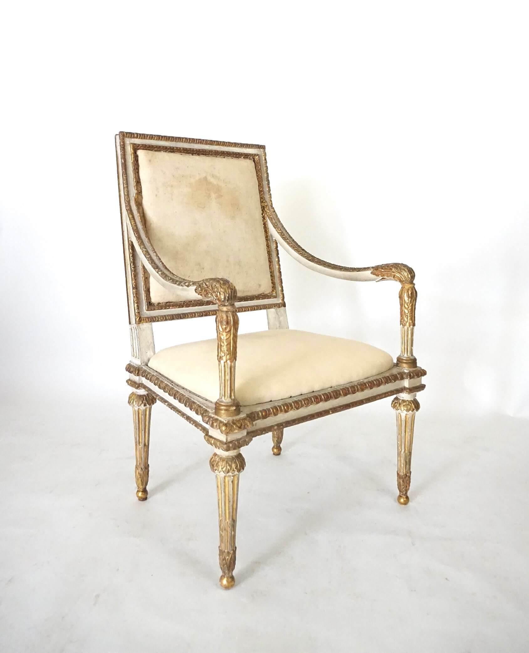 An unusual circa 1780 Italian Neapolitan Louis XVI style fauteuil or open-armchair of large 