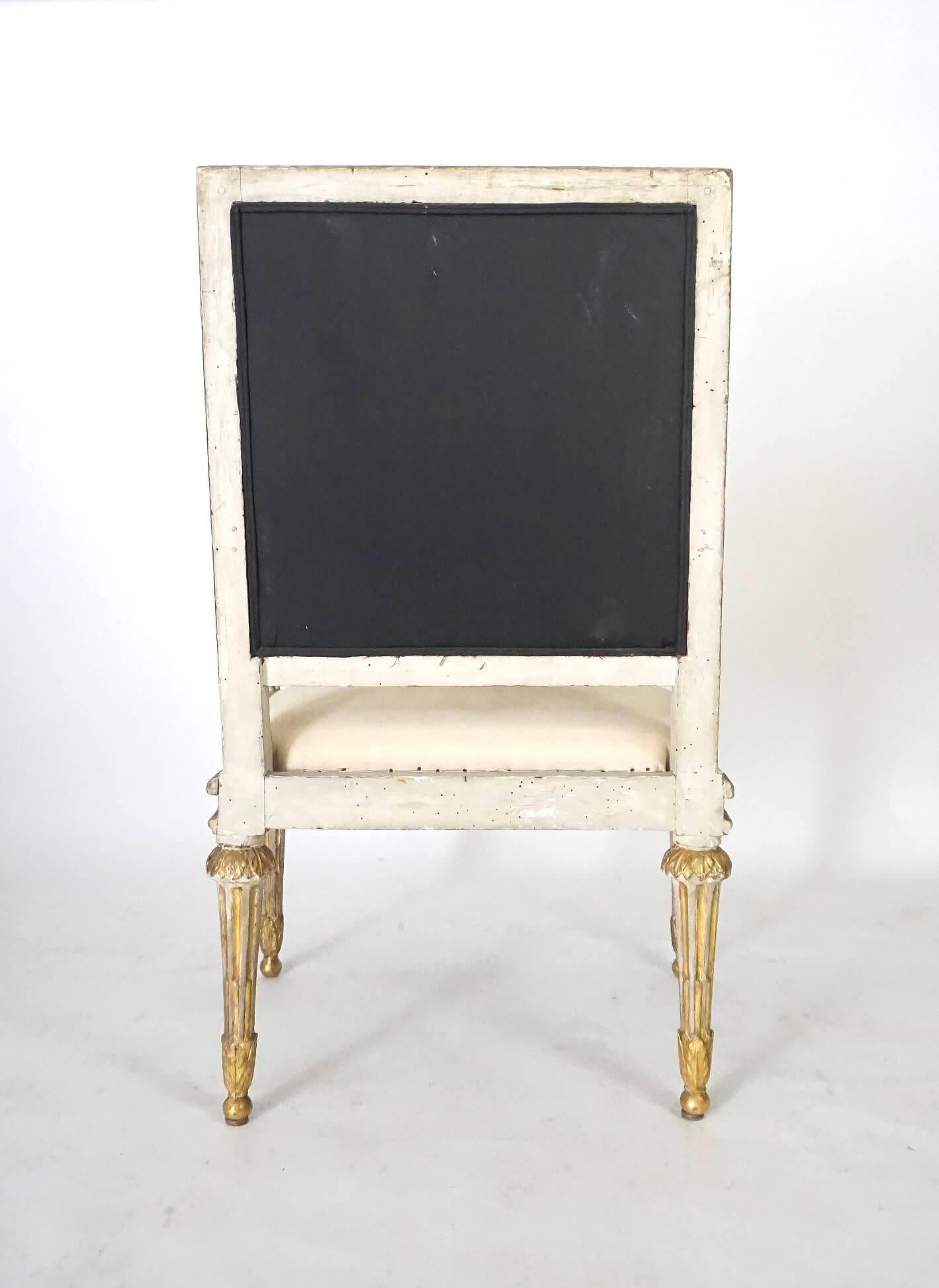 Fruitwood Italian Louis XVI Painted and Parcel Gilt Fauteuil of Large Scale, circa 1780 For Sale