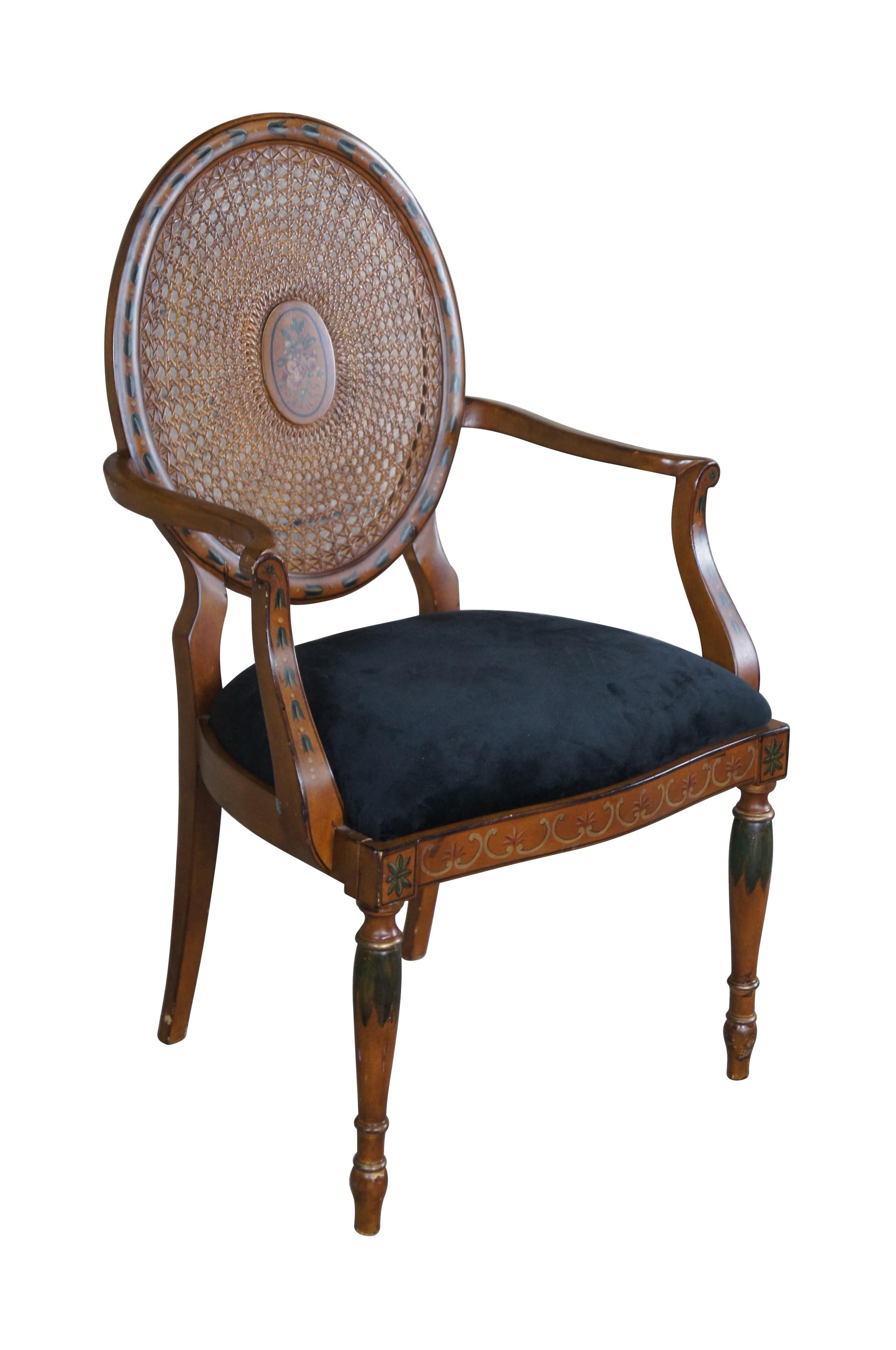 Vintage Pulaski Furniture armchair. Featuring Louis XVI styling with caned wheel back, flared arms and hand painted details. Made in Italy.

Dimensions:
25.5