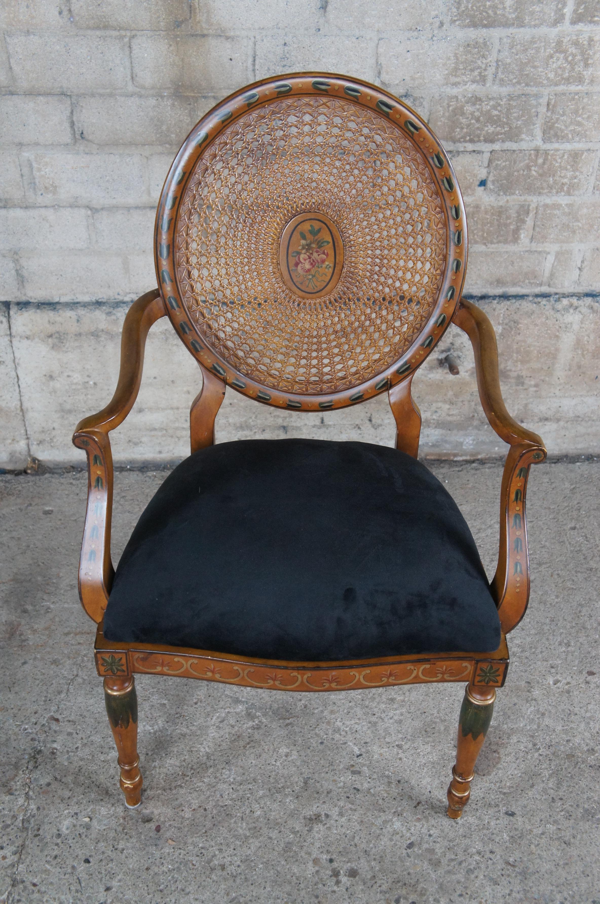 20th Century Italian Louis XVI Pulaski Furniture Wheelback Hand Painted Caned Arm Chair For Sale