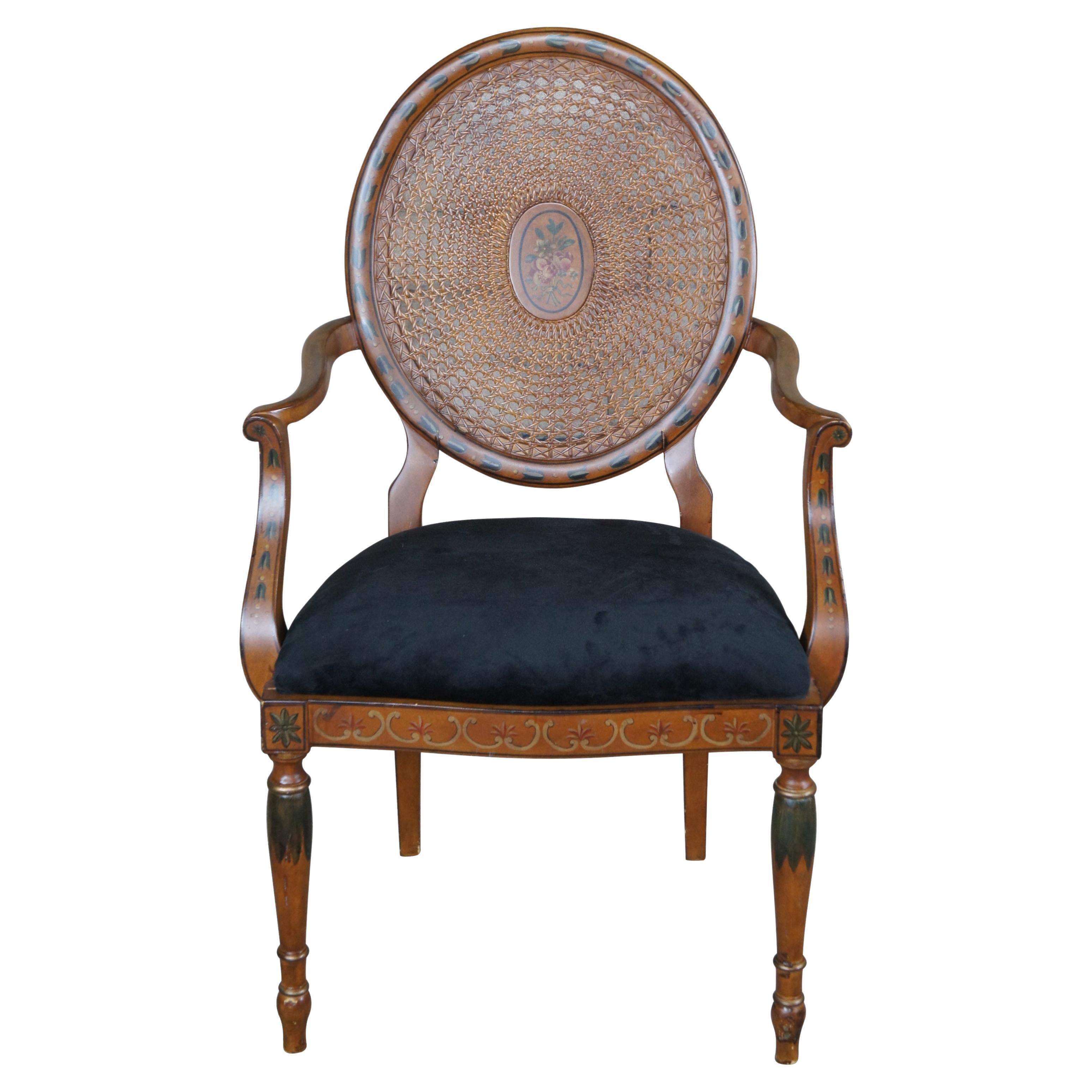 Italian Louis XVI Pulaski Furniture Wheelback Hand Painted Caned Arm Chair For Sale