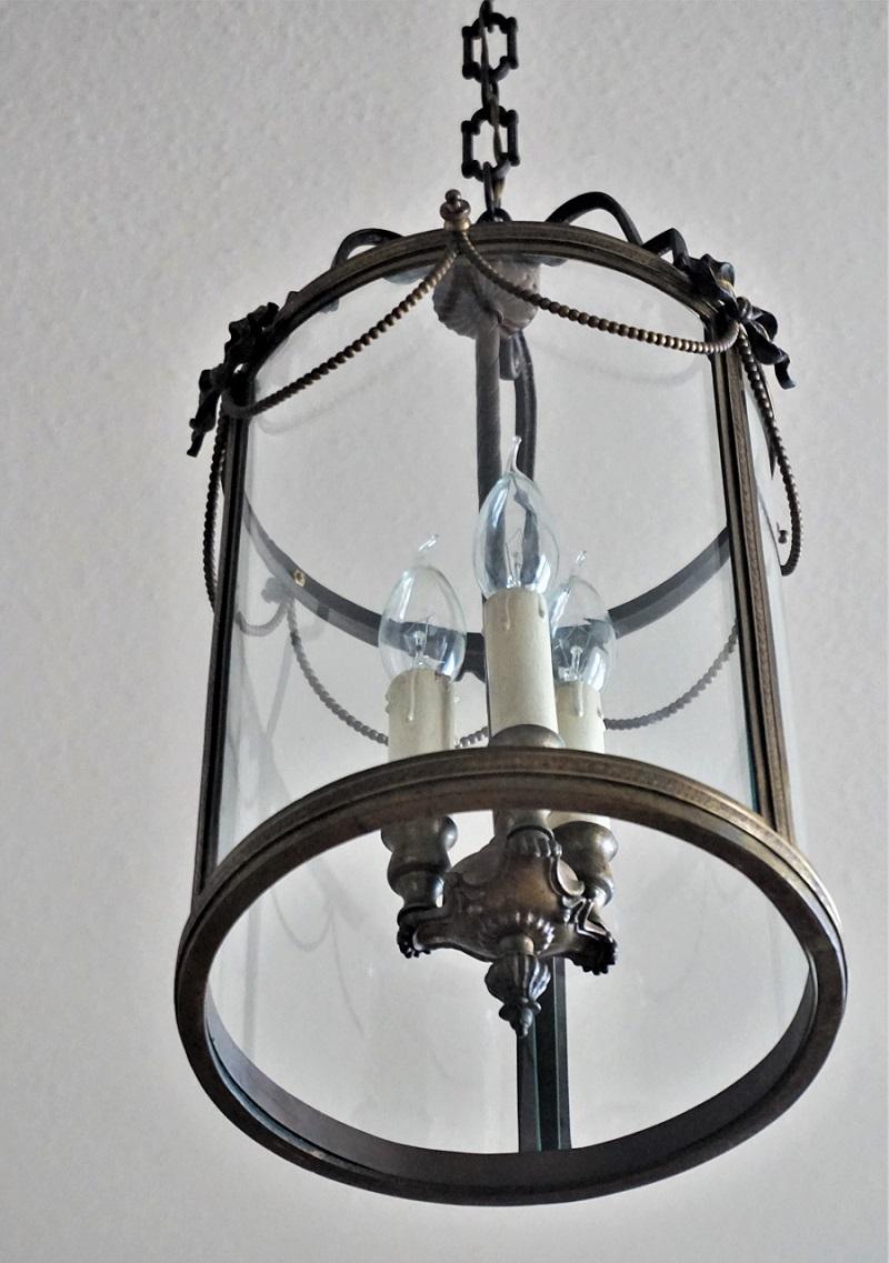 Italian Louis XVI Style Bronze Glass Three-Light Lantern 4