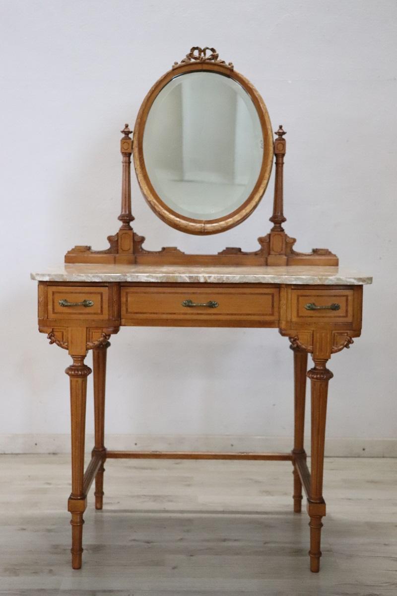 Mid-20th Century Italian Louis XVI Style Cherry Wood Dressing Table with Stool For Sale