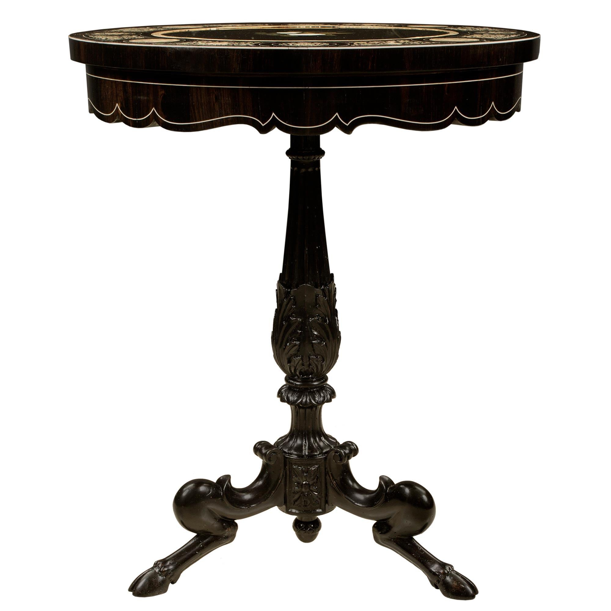 Italian Louis XVI Style Ebony, Bone and Pietra Dura Marble Side Table In Good Condition For Sale In West Palm Beach, FL