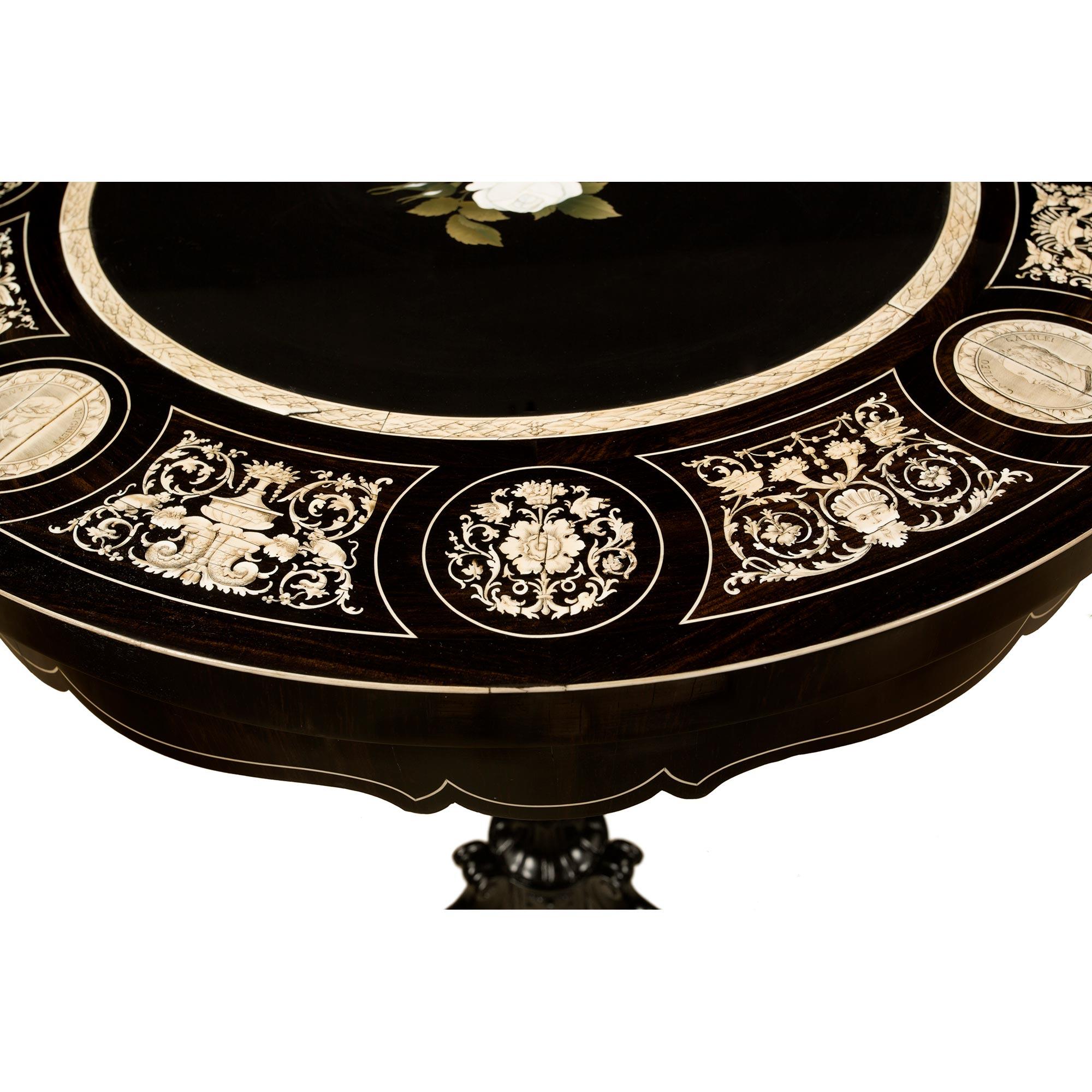 Italian Louis XVI Style Ebony, Bone and Pietra Dura Marble Side Table For Sale 2
