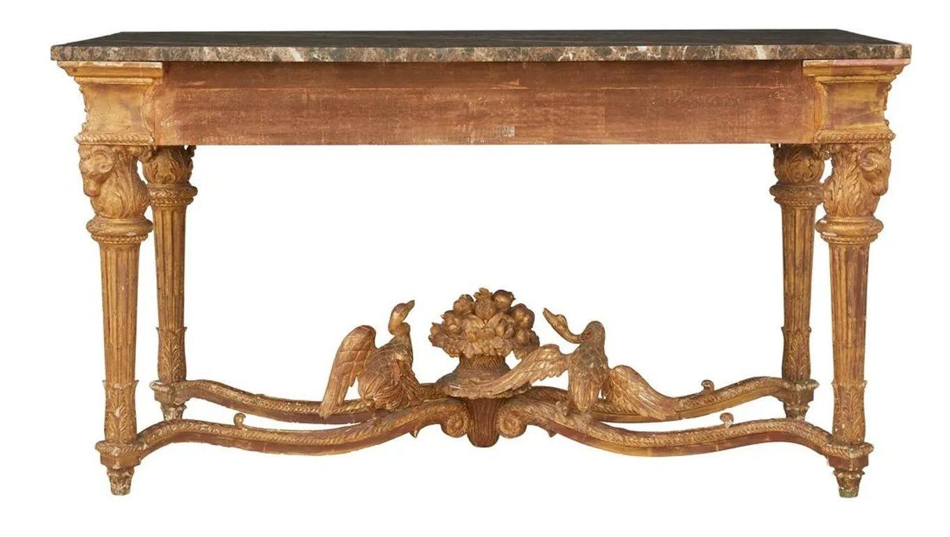Italienische Konsole/Mitteltisch aus vergoldetem Holz im Louis-XVI.-Stil, handgeschnitzt, figürlich im Angebot 4