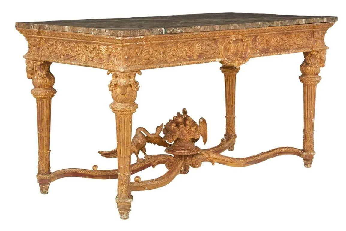 Large Roman-Style Giltwood and Marble-Top Center Table, Impressive

Finest 20th century, after a design by Antonio Landucci, the rectangular figured marble top over a carved frieze in anthemia, floral and foliate decor, centered by a medallion with