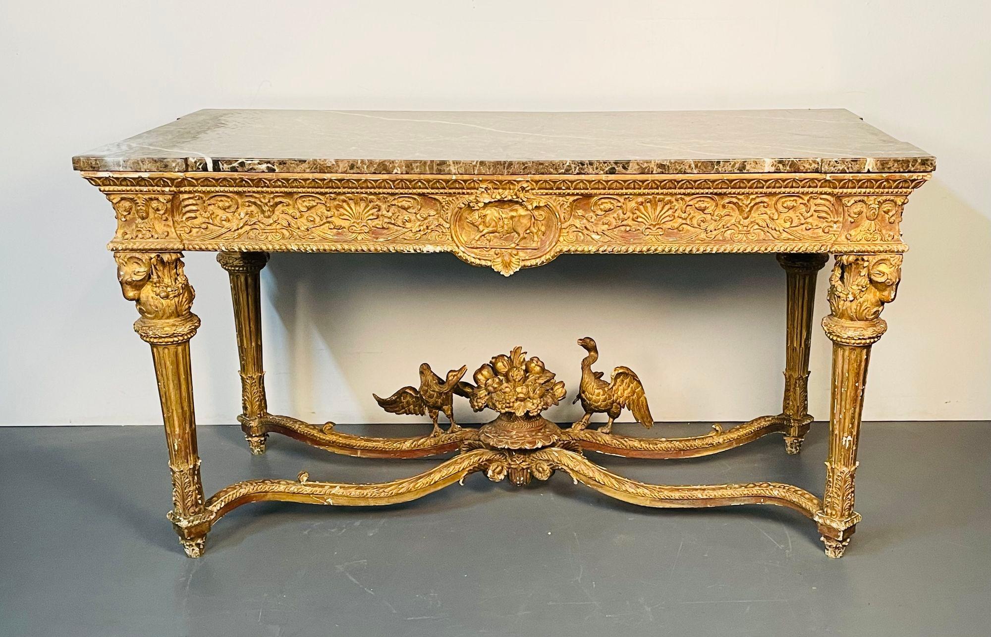 Italian Louis XVI Style Giltwood Console / Center Table, Hand Carved, Figural In Good Condition For Sale In Stamford, CT