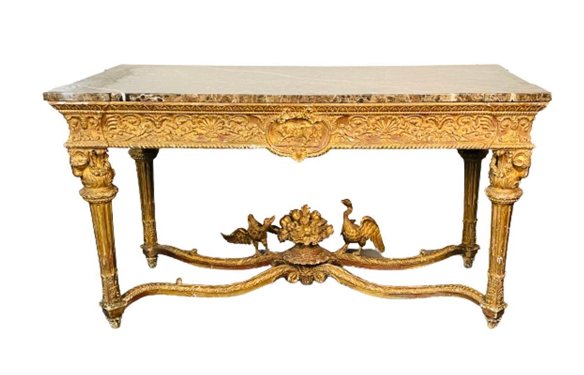 Mid-20th Century Italian Louis XVI Style Giltwood Console / Center Table, Hand Carved, Figural For Sale