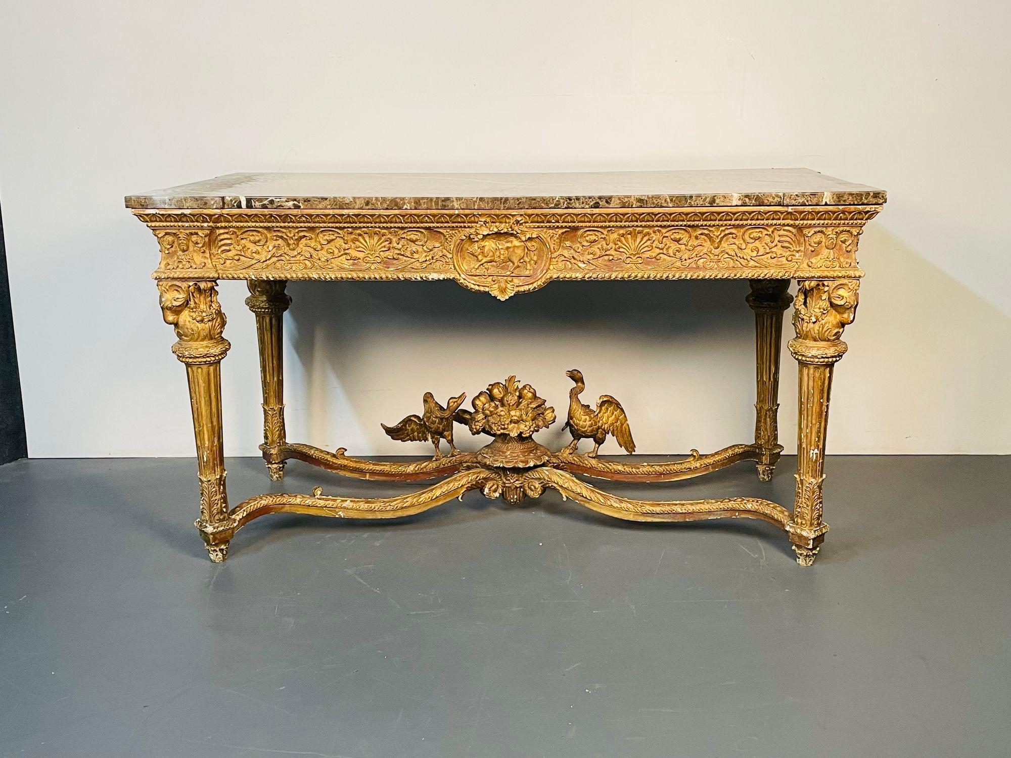 Marble Italian Louis XVI Style Giltwood Console / Center Table, Hand Carved, Figural For Sale